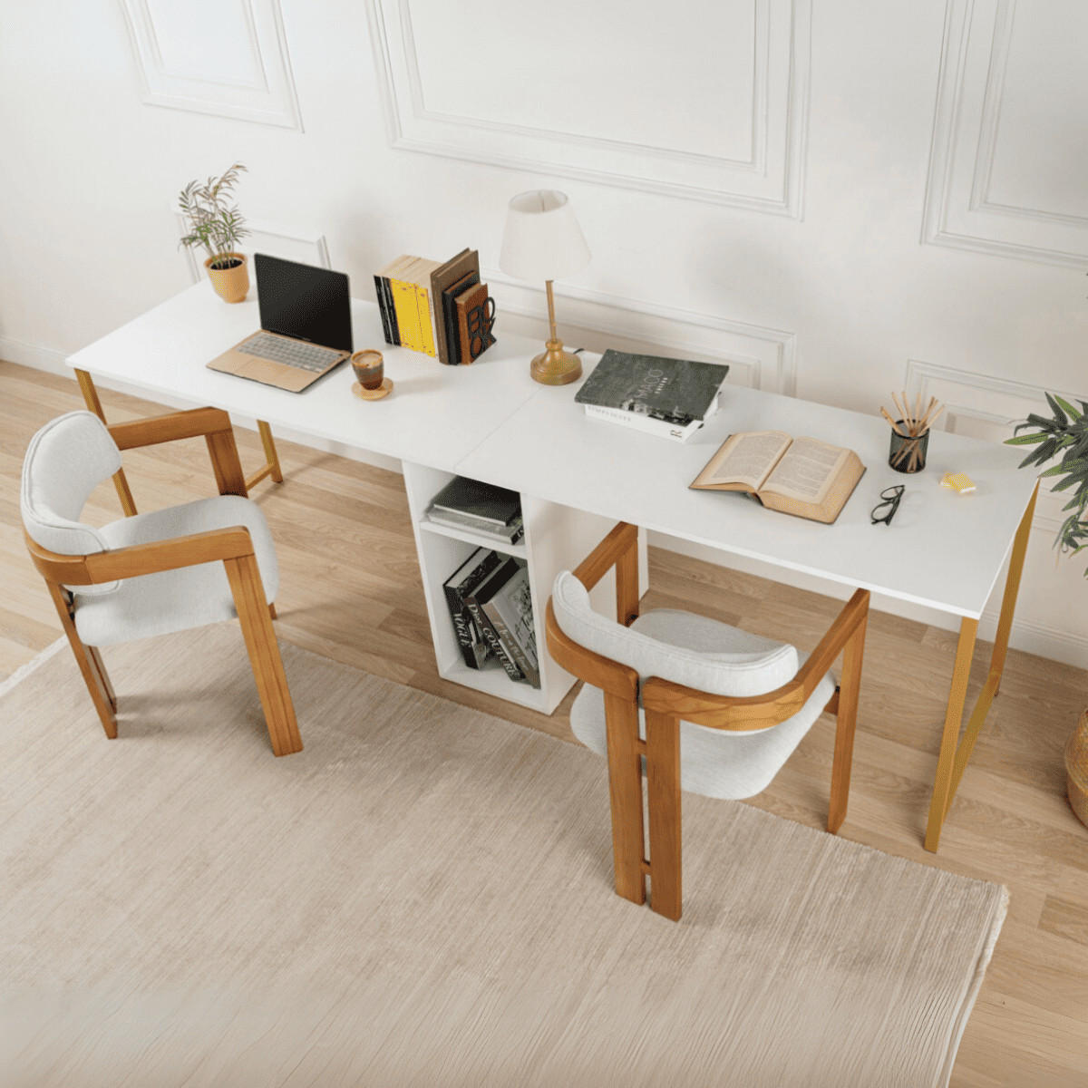 DOPPELSCHREIBTISCH - twin 240/60/74 cm - Goldfarben/Weiß, Holzwerkstoff (240/60/74cm) - Calicosy