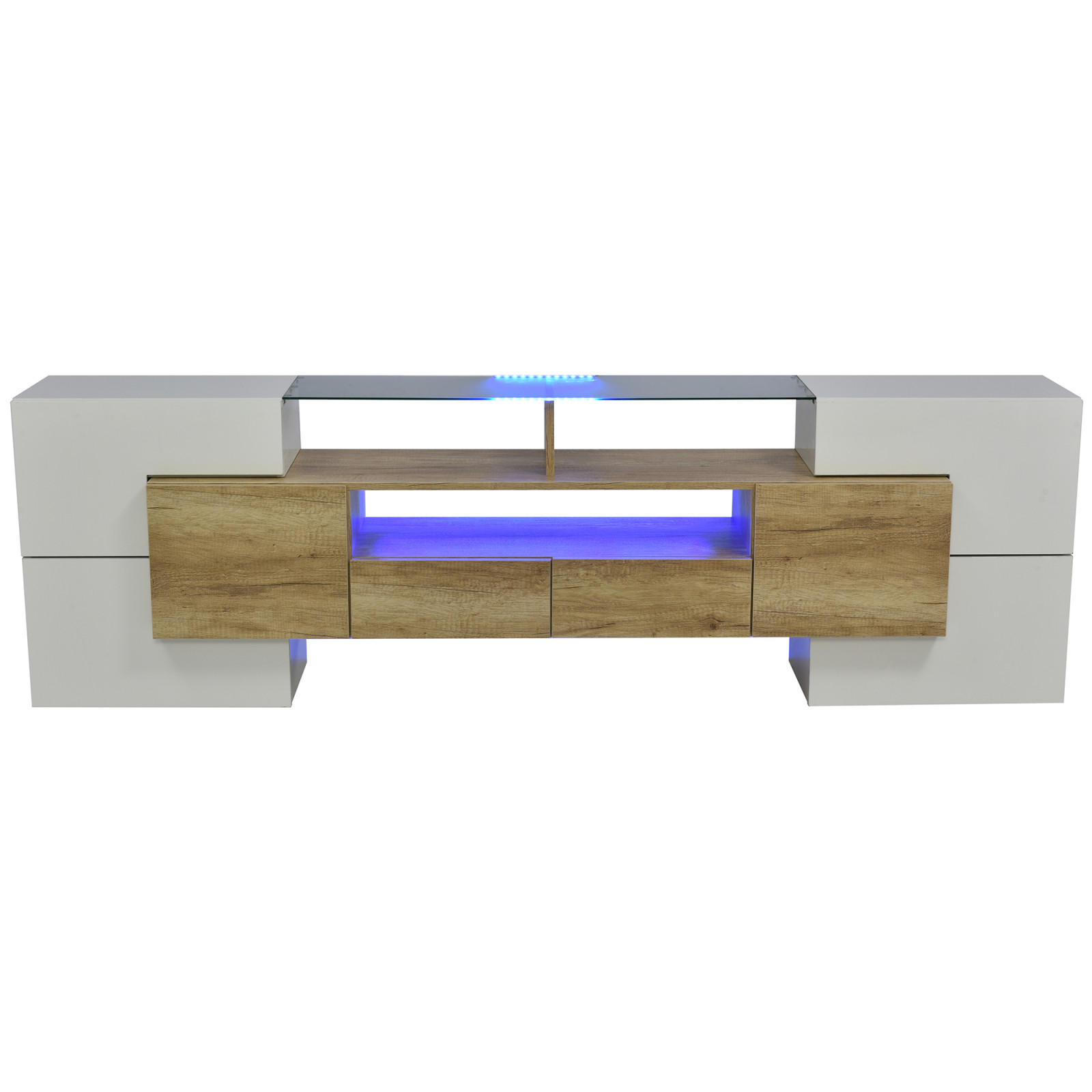 TV Lowboard LED 200 cm, Glasoberfläche, Holz - Weiß, Holz (200/60/30cm)