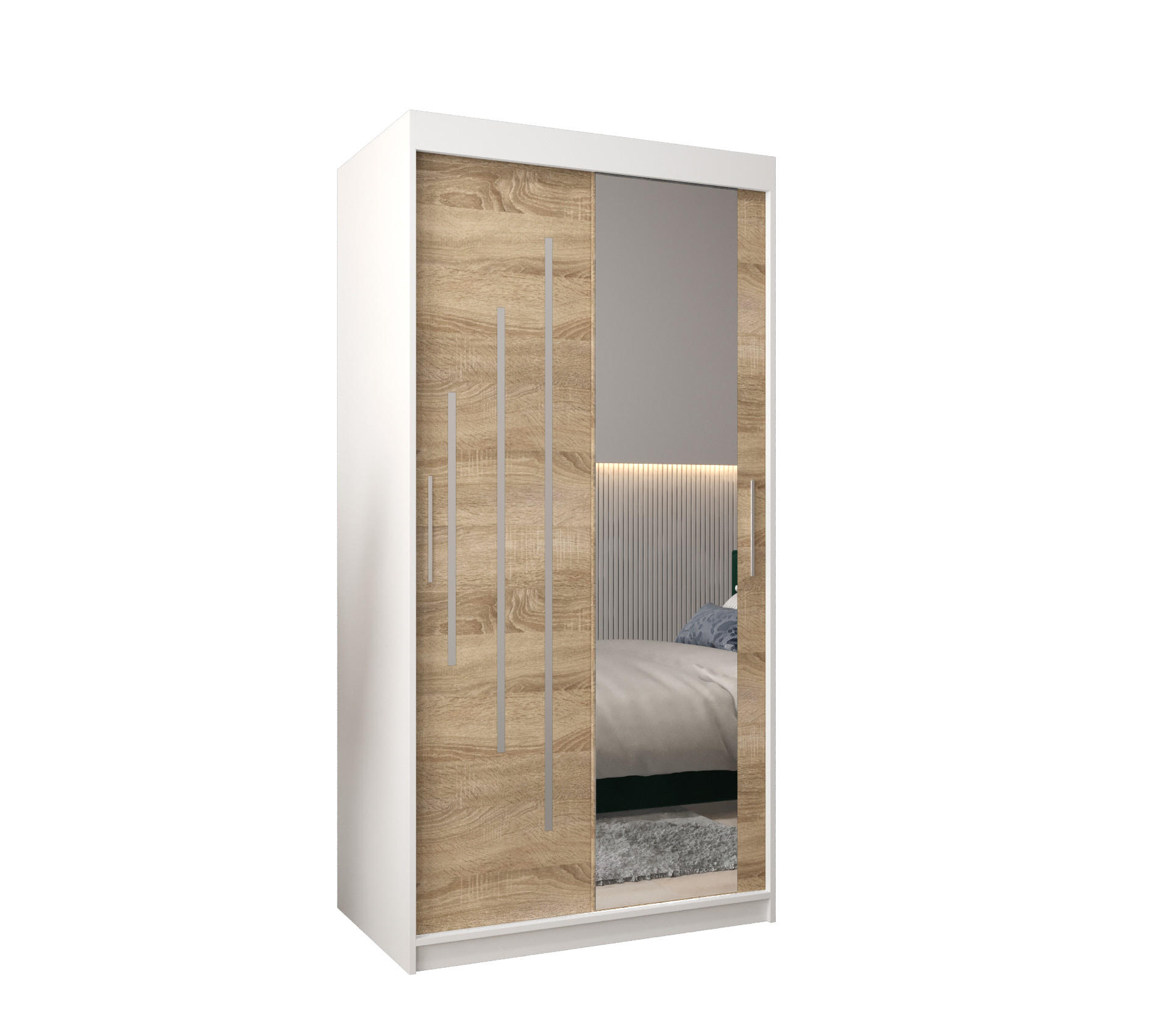 Abiks Möbel Schwebetürenschrank Weiß, Sonoma Eiche 100x200x62 cm
