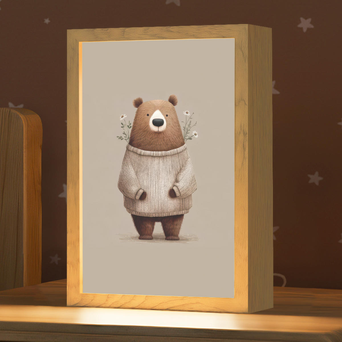 NACHTTISCHLAMPE Bär - Weiße Blumen - Gemütlich 20x30 cm - Taupe, Holzwerkstoff (8/20/30cm)