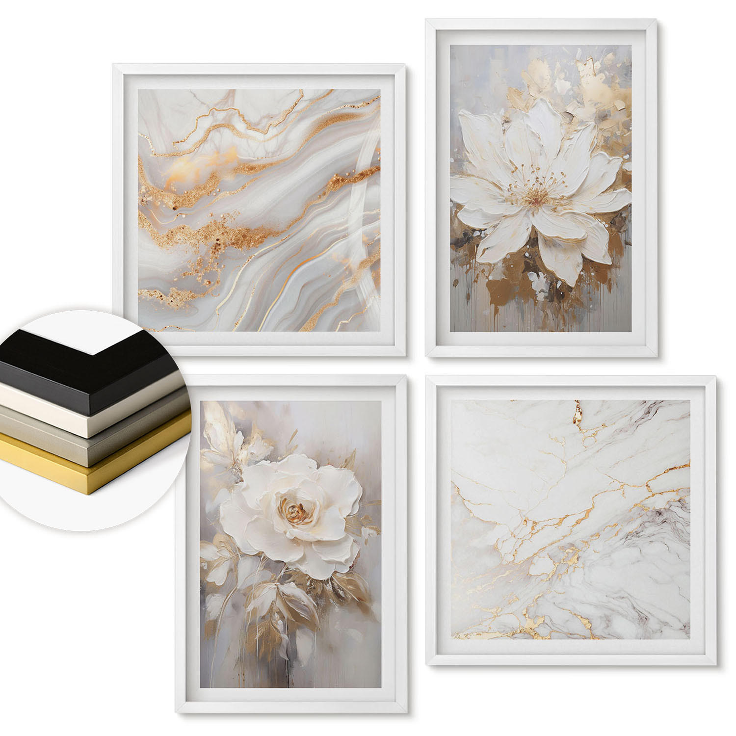 WANDBILDER 4er-Set - 50x50 cm & 40x60 cm Weißer Rahmen - Blumen, heller Hintergrund, Marmormuster - Weiß, Kunststoff (50/50cm) - ArtPrintCave
