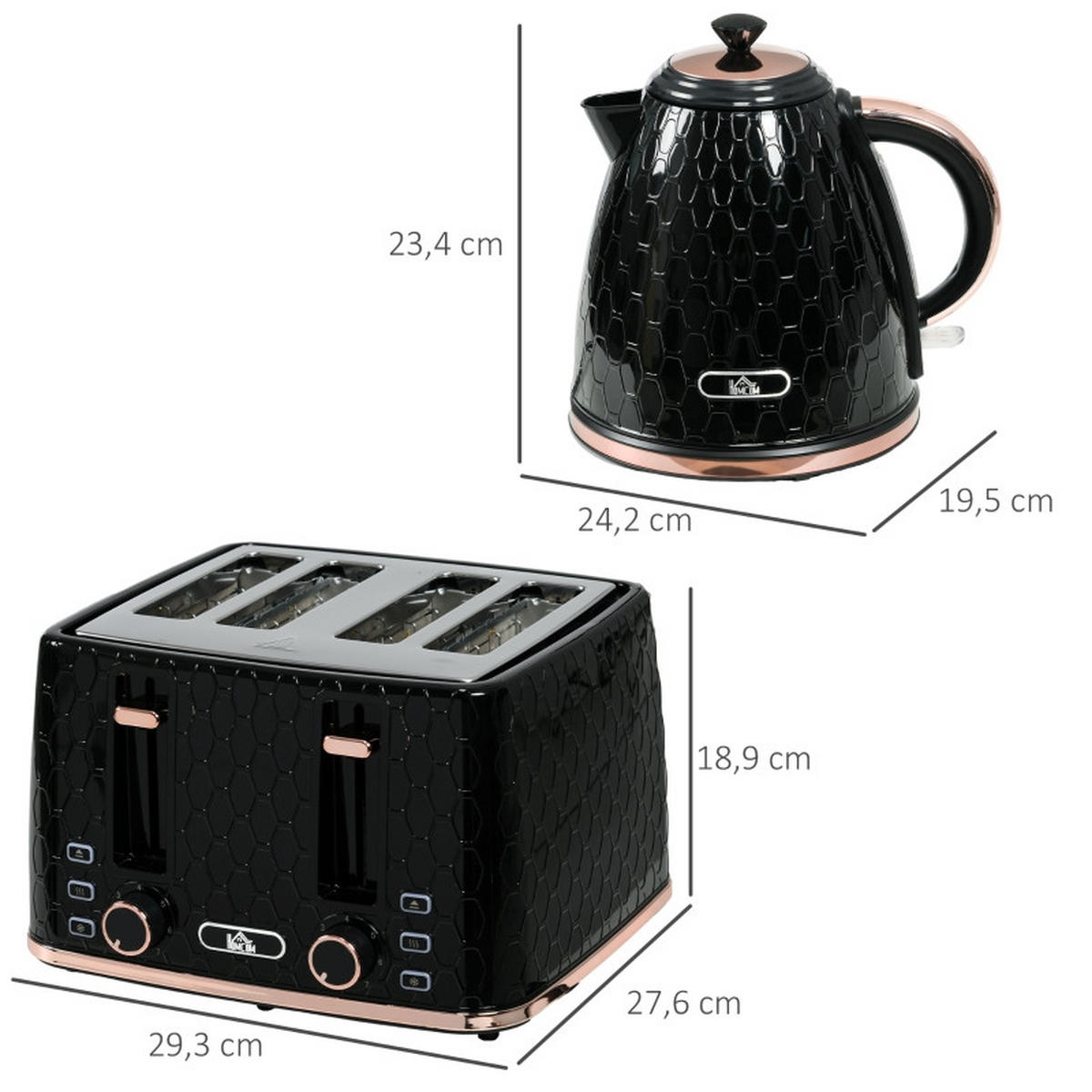 WASSERKOCHER 2-tlg Toaster und Wasserkocher Set 1,7L 4-Scheiben Küchenset Schwarz - Schwarz, Kunststoff (19.5/23.4/24.2cm) - Raelunyi