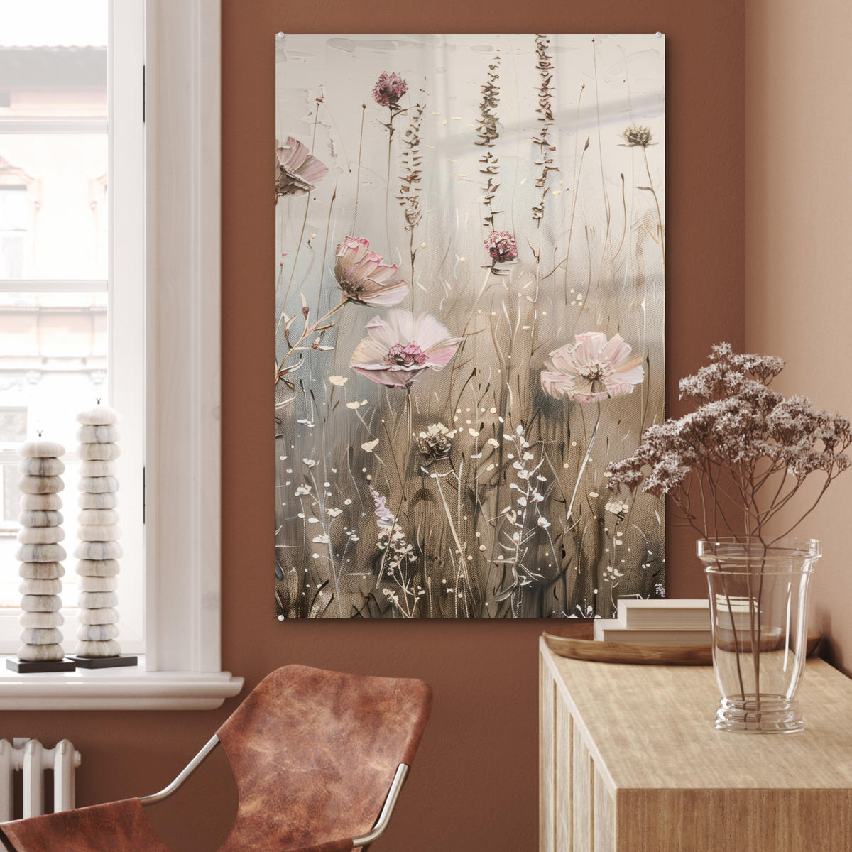 ACRYLGLASBILD Blumen - Rosa - Modern - Beige 60x90 cm - Beige, Glas (60/90cm) - MuchoWow