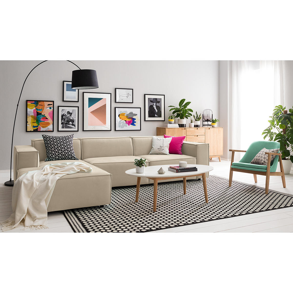 ECKSOFA mit Longchair - Beige/Schwarz, Kunststoff/Textil (294/177cm) - home24