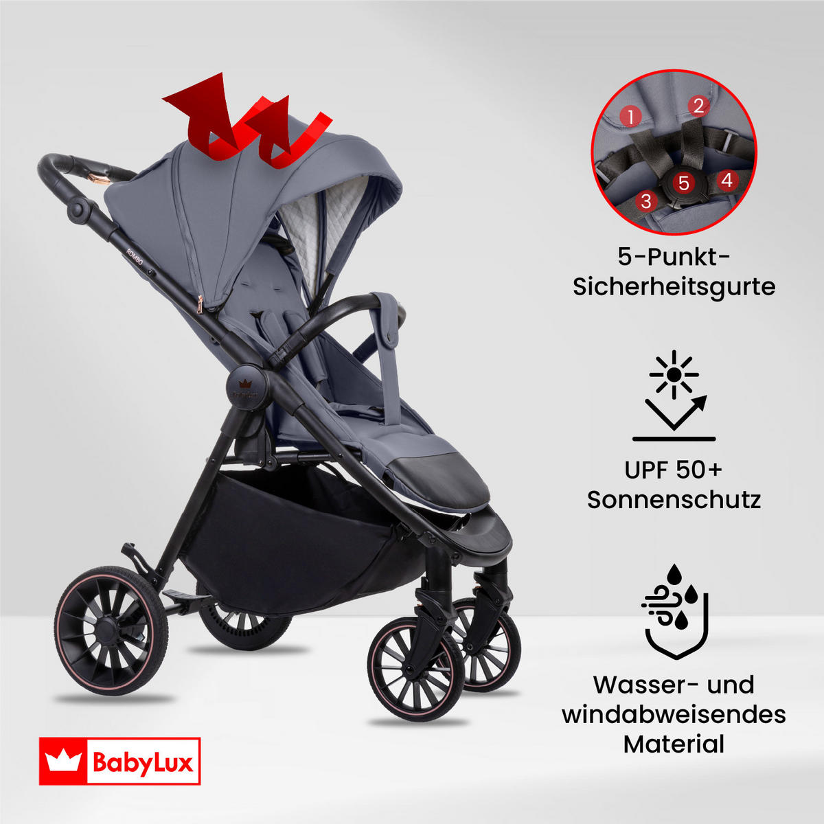 BUGGY Rombo, Klein und Leicht, Teleskopische Führung, Kompakt Faltbar, Wickeltasche, Reisetasche - Schwarz/Grau, Textil/Metall (58/98cm) - BabyLux