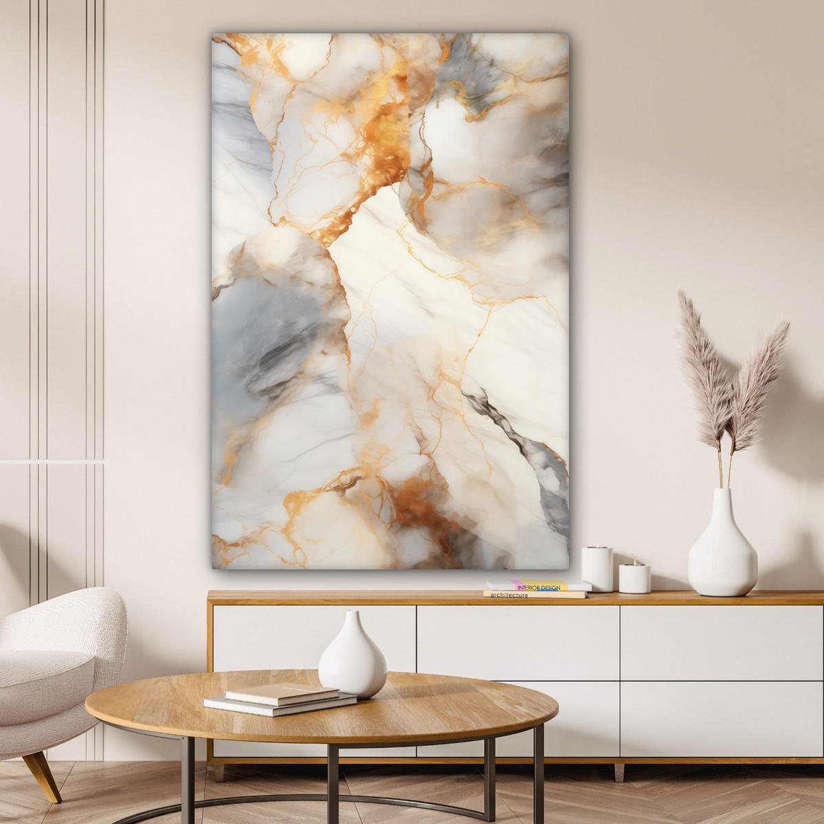 LEINWANDBILD Marmor - Grau - Gold 80x120 cm - Weiß, Textil (80/120cm) - MuchoWow