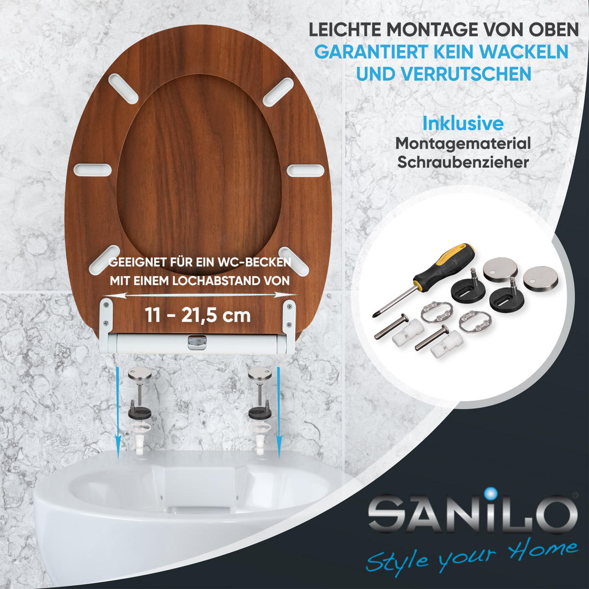 WC-SITZ mit Absenkautomatik & Top Fix Mahagoni - Braun, Holzwerkstoff (37.7/5.5/47cm) - Sanilo