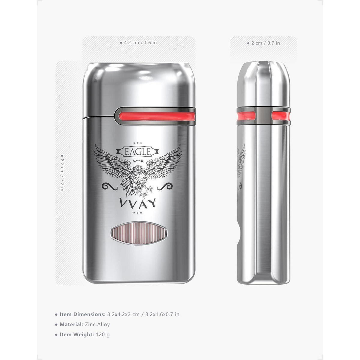 STURMFEUERZEUG Jetflamme 3 Jet-Flammen Ganzmetallkonstruktion Nachfüllbar - Silberfarben, Metall (4.2/2/8.2cm)