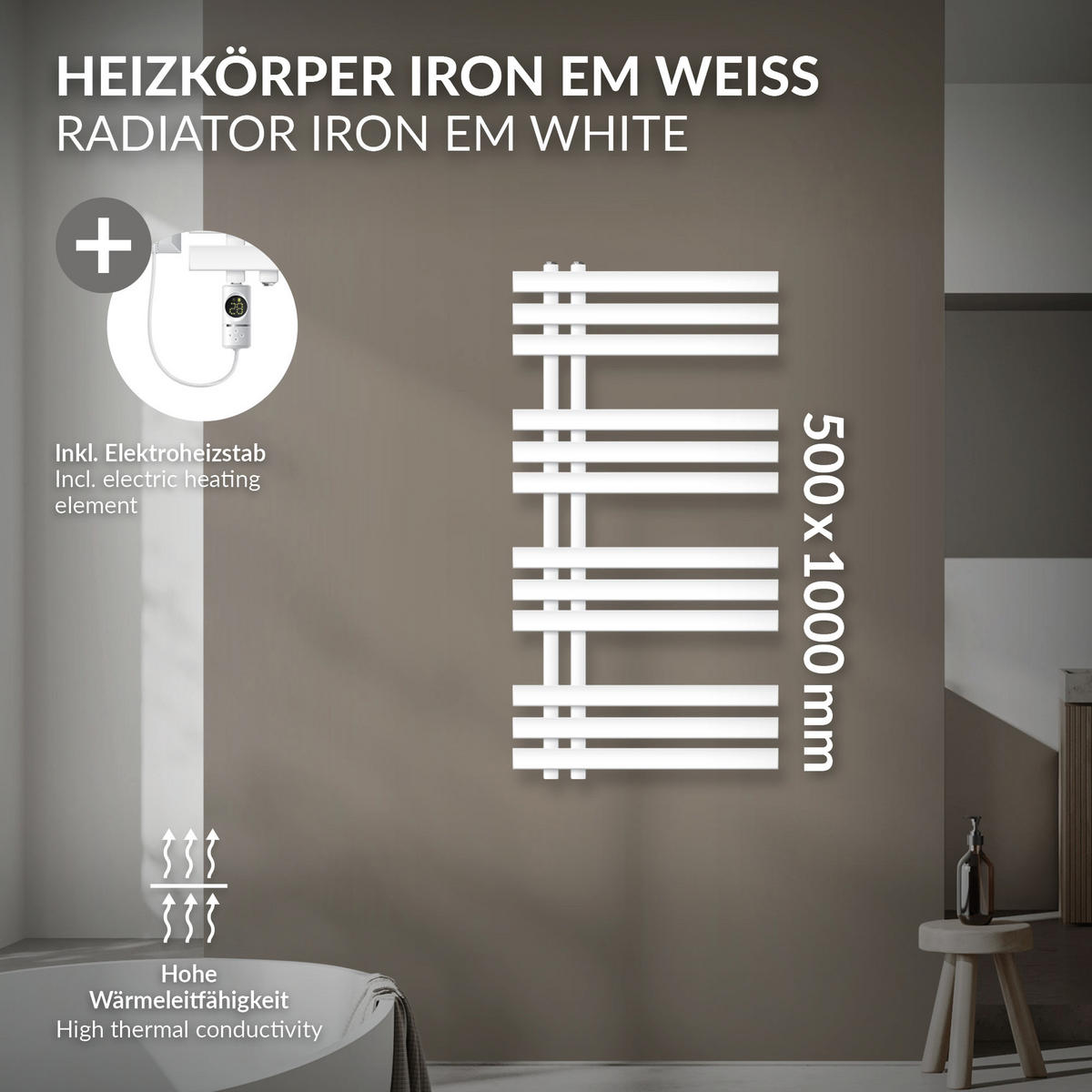 BADHEIZKÖRPER elektrisch Iron EM 500x1000 mm Weiß mit Heizstab 600W Digital - Weiß, Metall (50/100/3cm) - LuxeBath