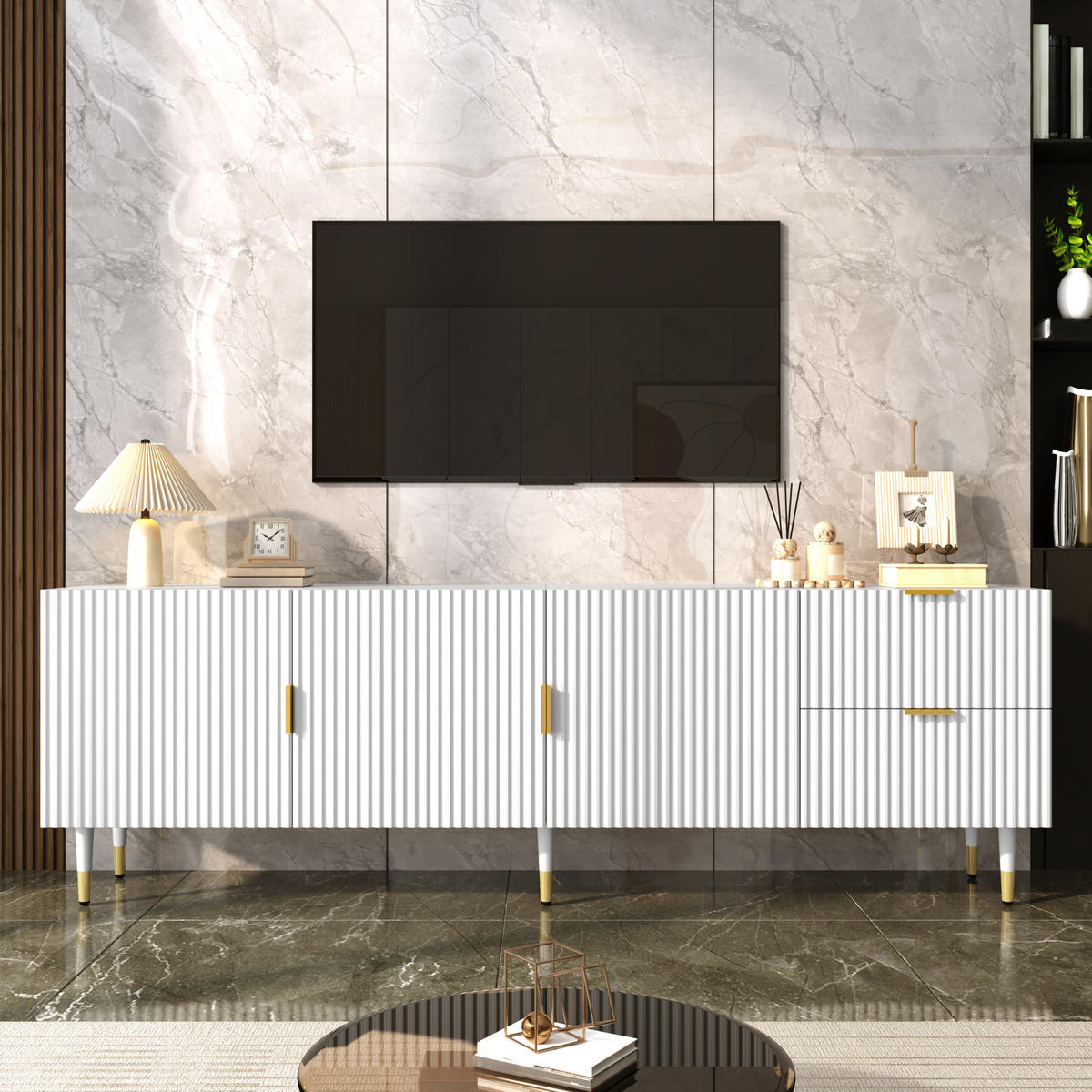 TV-SCHRANK mit Schubladen, goldenen Griffen und Beinen - Weiß, Holzwerkstoff (170/55/35.5cm) - FLIEKS
