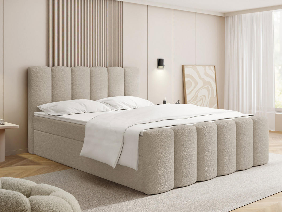 BOXBETT Serenity mit Bettkasten, Boucle Beige 140x200 cm – inkl. H4 Taschenfederkern Matratze & Foam Topper - Beige/Schwarz, Holz/Holzwerkstoff (140/200cm) - WFL GROUP