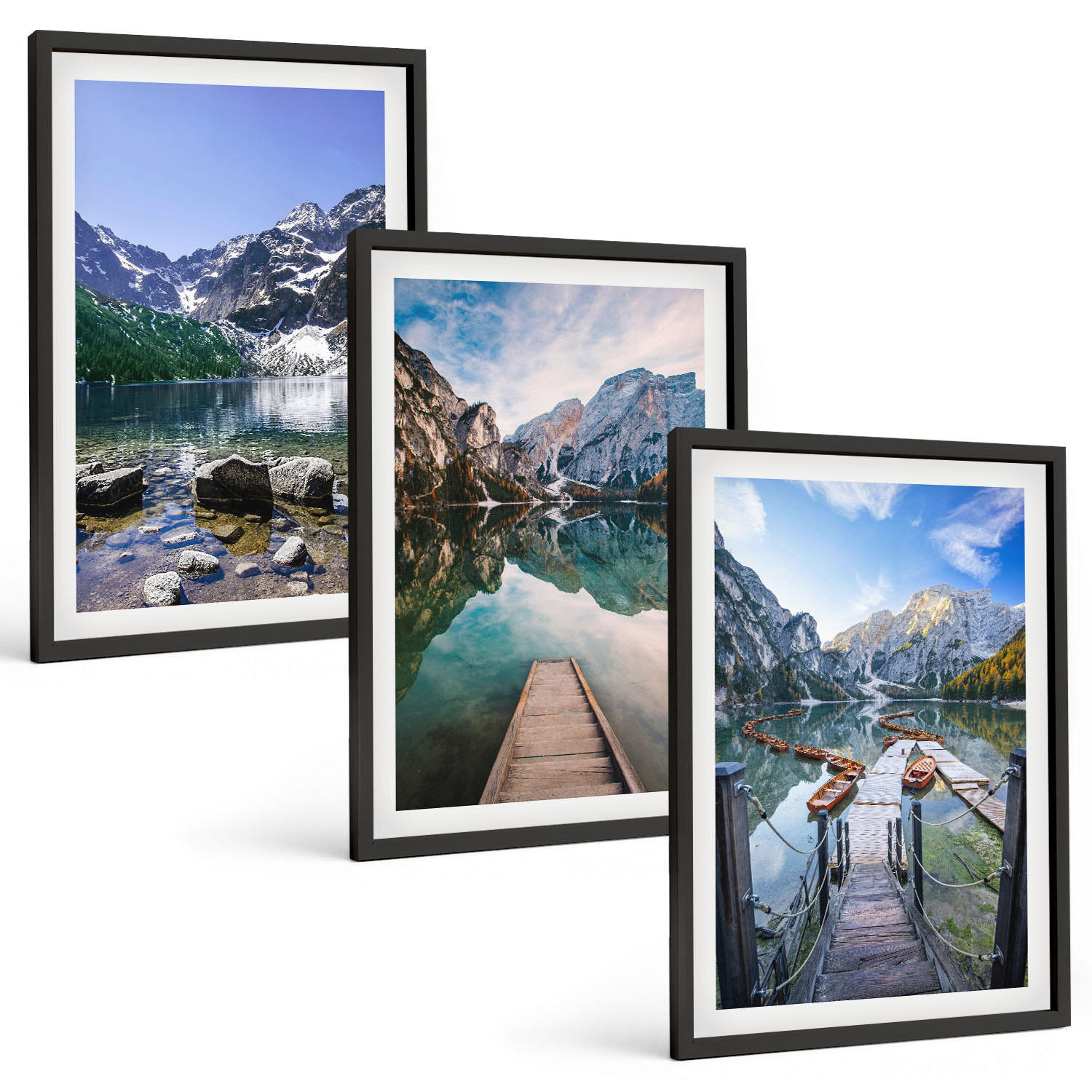 BILDER SET 3er Set - 40x60 cm Schwarzer Rahmen - Berge, Seen, Holzstege - Schwarz, Kunststoff (40/60cm) - TULUP