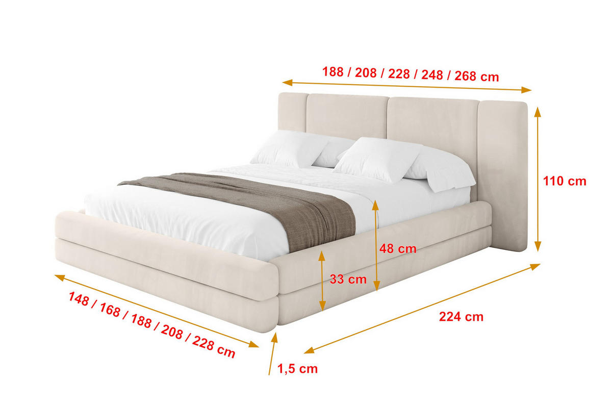 POLSTERBETT mit Bettkasten und Lattenrost, Bett mit Matratze H3/H4 - TEVO 160x200 Beige - Ecru, Holzwerkstoff/Textil (160/200cm) - ALTDECOR