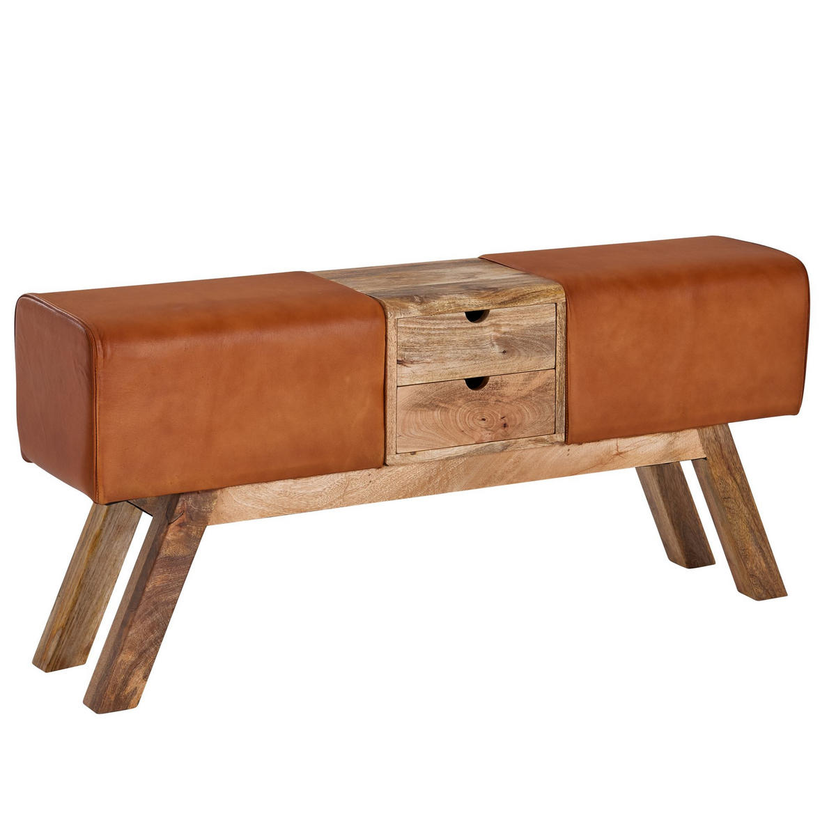 SITZBANK Massivholz Stoffbezug mit 2 Schubladen, Braun 120x30x56 cm - Braun, Mangoholz/Leder (120/56/30cm) - KADIMA DESIGN