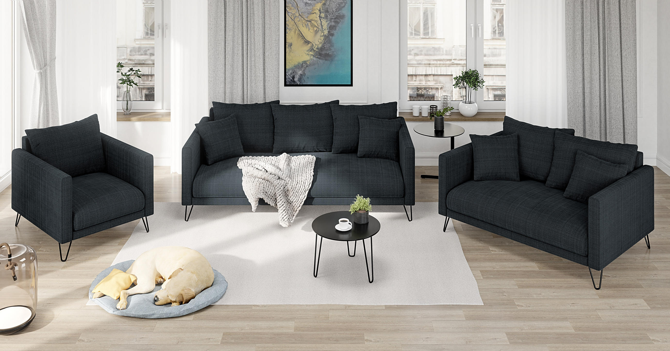 SITZGARNITUR 3+2+1 Harmony Graphit Chenille - Graphitfarben/Schwarz, Holz/Textil (200/85/100cm) - S-Style Möbel