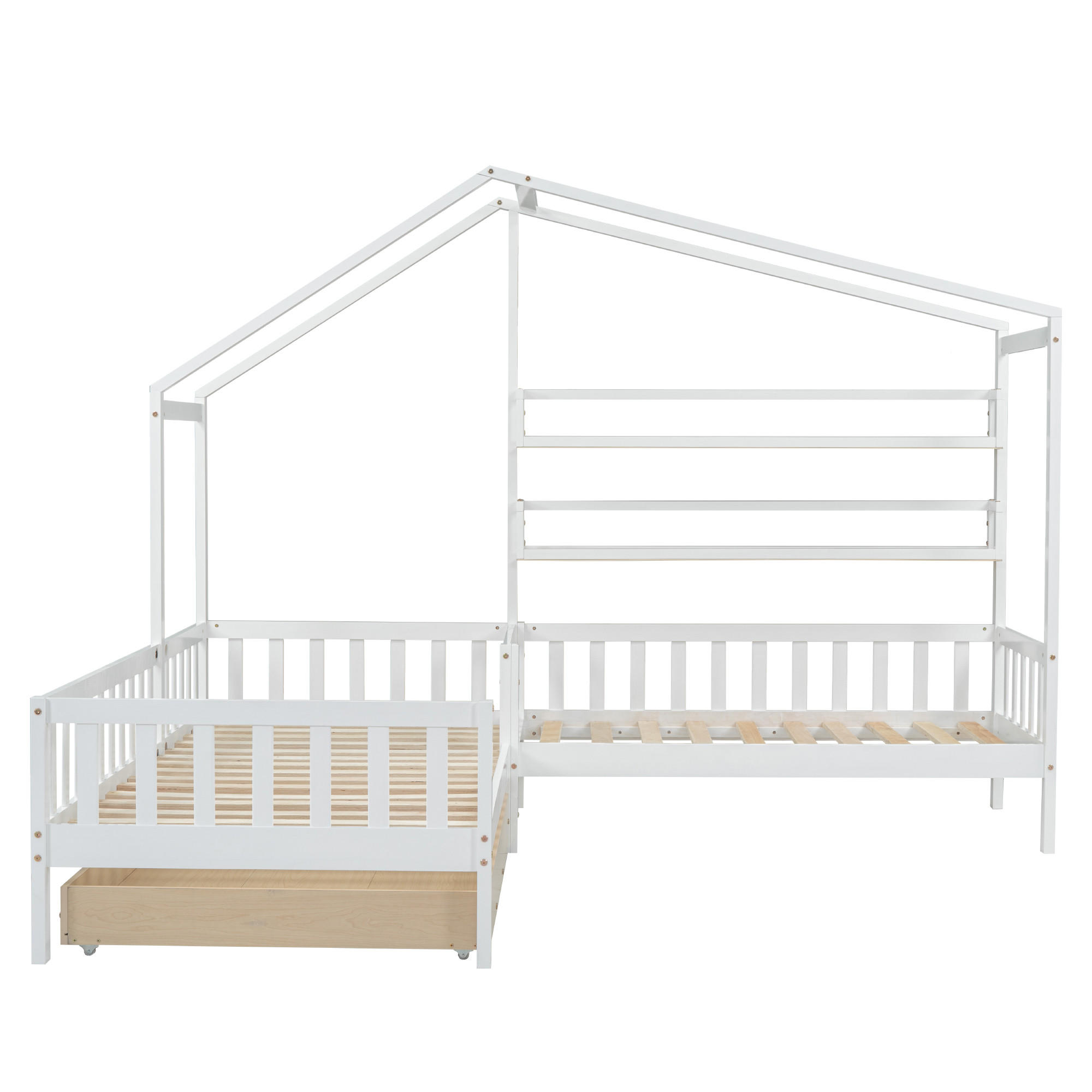 HAUSBETT 90/200 cm & 70/140 cm in Weiß Kinderbett mit Schublade, Regalen und Lattenrost in L-Form - Weiß, Holzwerkstoff (90/200cm) - STILVORA