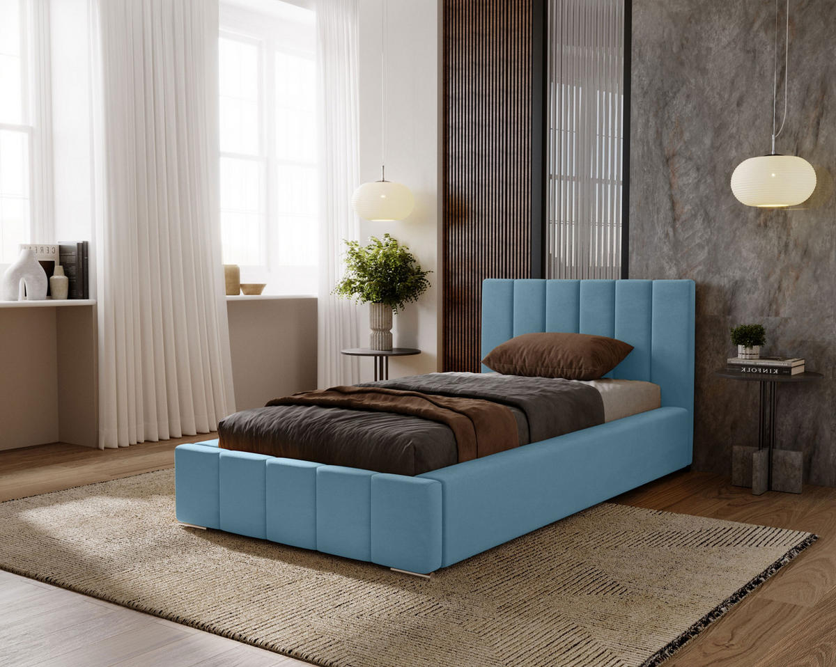 POLSTERBETT Nero 80x200 cm, Einzelbett mit Bettkasten und Lattenrost aus Holz, Velourstoff: Hellblau - Hellblau, Holz/Kunststoff (80/200cm) - Marpur