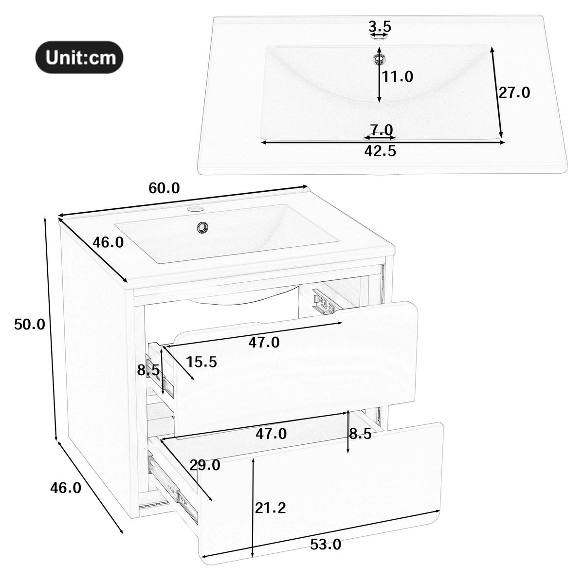 WASCHTISCHKOMBI Weiß hängend mit LED-Radarsensor & Keramikbecken - Weiß, Keramik/Holzwerkstoff (60/50/46cm) - Urban Meuble