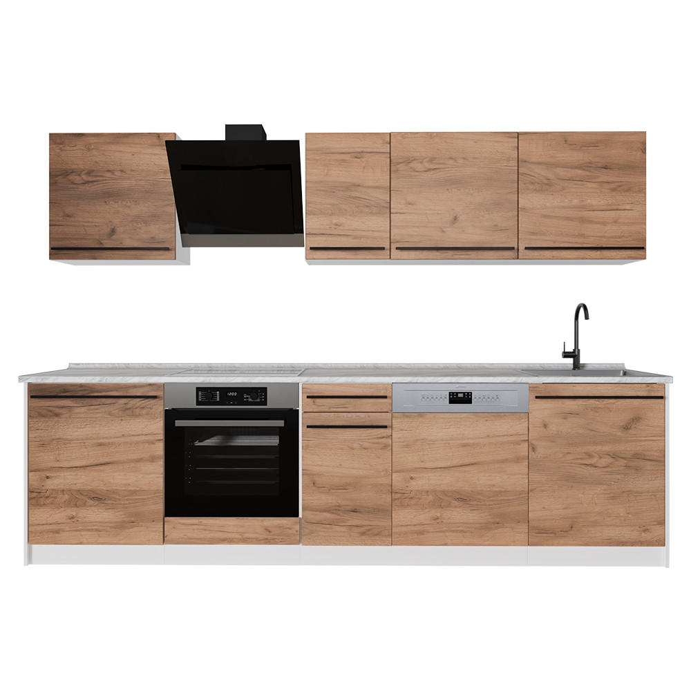 KÜCHENZEILE R-Line, Goldkraft Eiche/Weiß, 280 cm ohne Arbeitsplatte - Honigeiche/Weiß, Holzwerkstoff (280/206.8/46cm) - Vicco