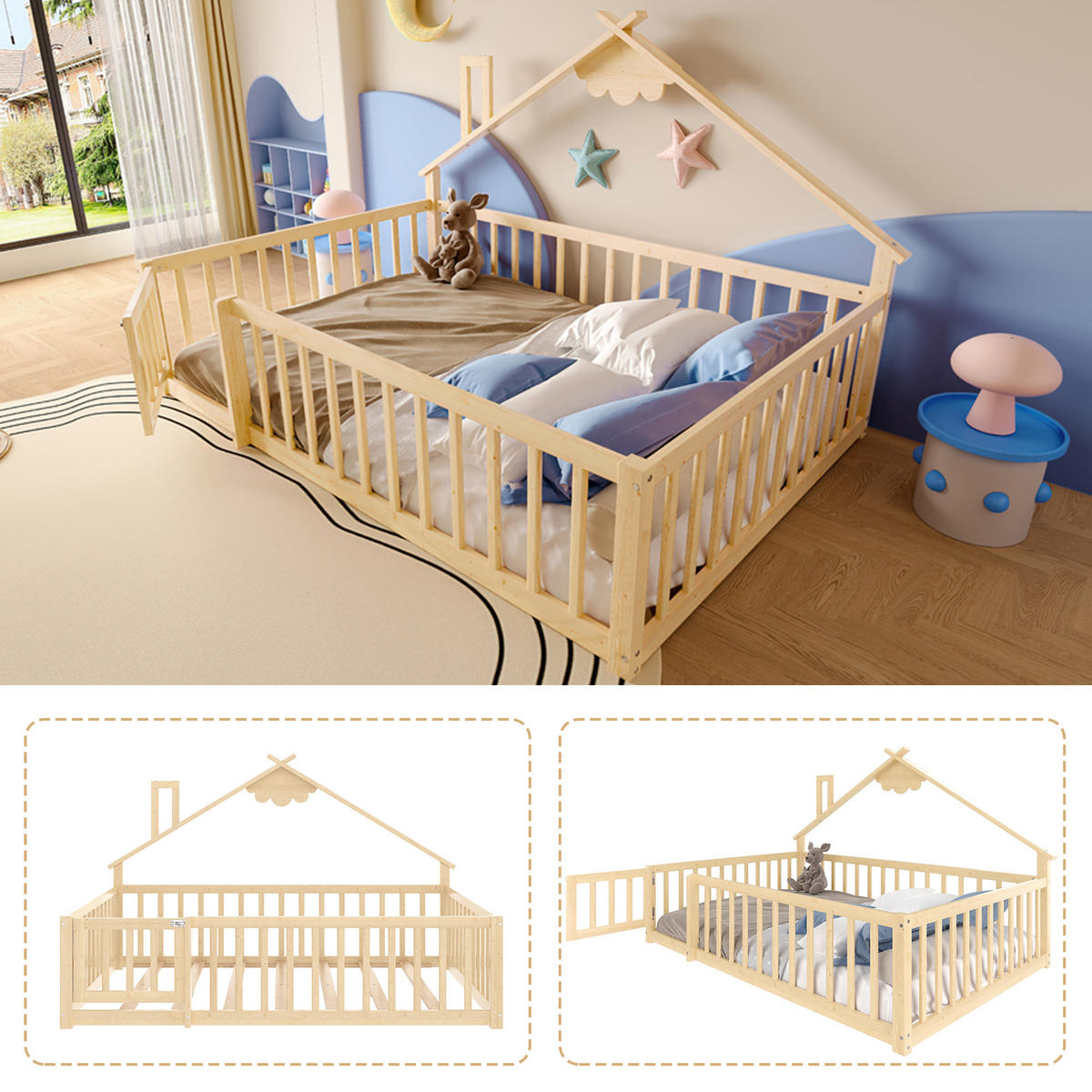 FLACHBETT 140/190 cm Natur Kiefernholz mit Geländer und Schloss - Naturfarben, Holz (140/190cm) - OKWISH