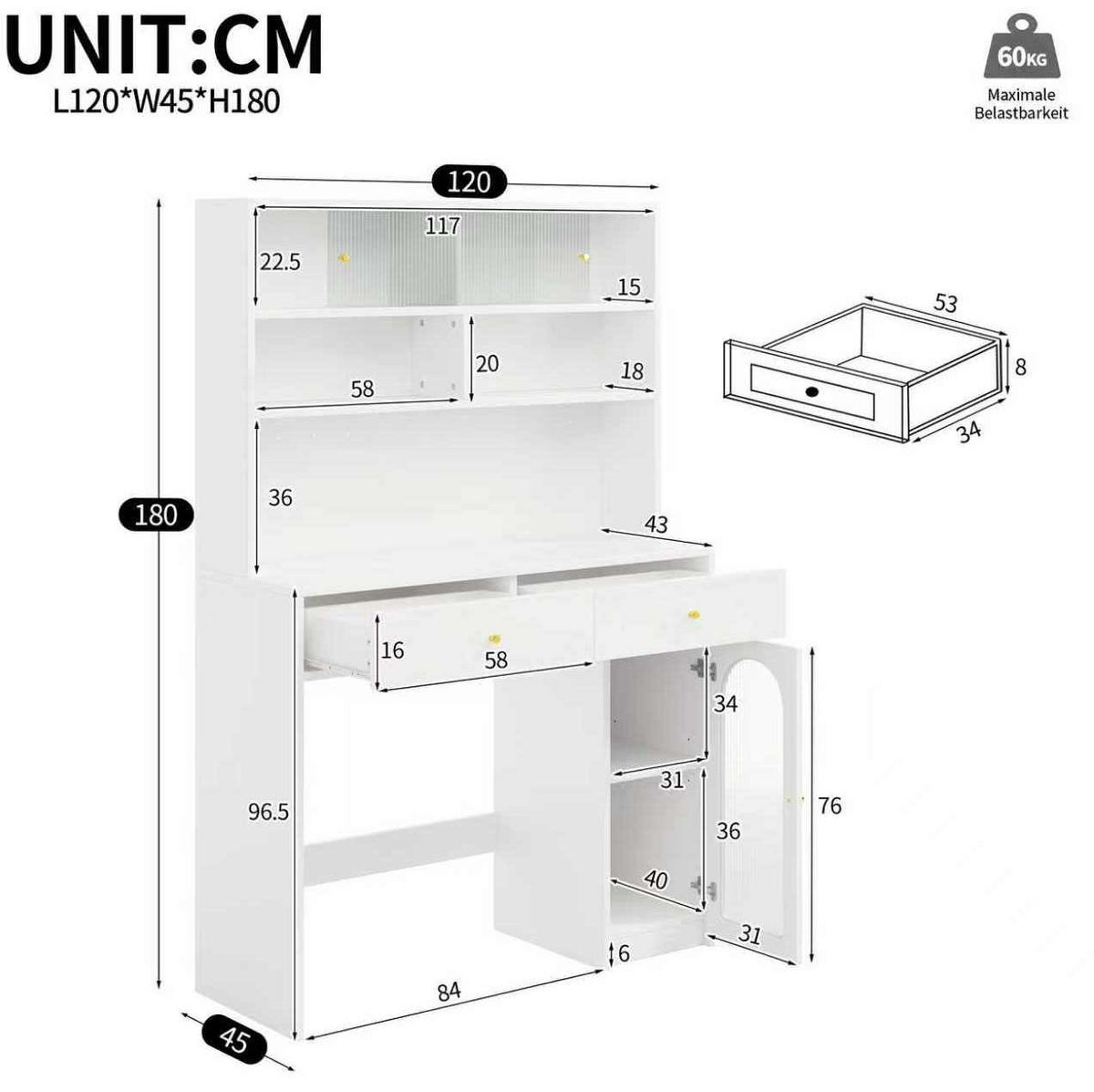 BUFFETSCHRANK 120/45/180 cm mit Arbeitsfläche, 2 Schubladen, Hakenleiste und offenem Stauraum aus MDF, Weiß - Weiß, Holzwerkstoff (120/180/45cm) - Redom