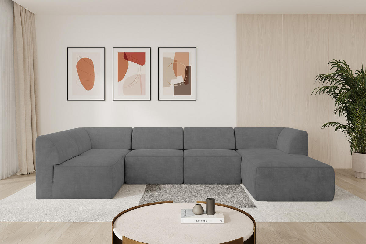 WOHNLANDSCHAFT Ottomane Rechts MOVO-L 345x180x78 cm Grau Velours - Taupe, Holzwerkstoff/Kunststoff (180/78/345cm) - ALTDECOR