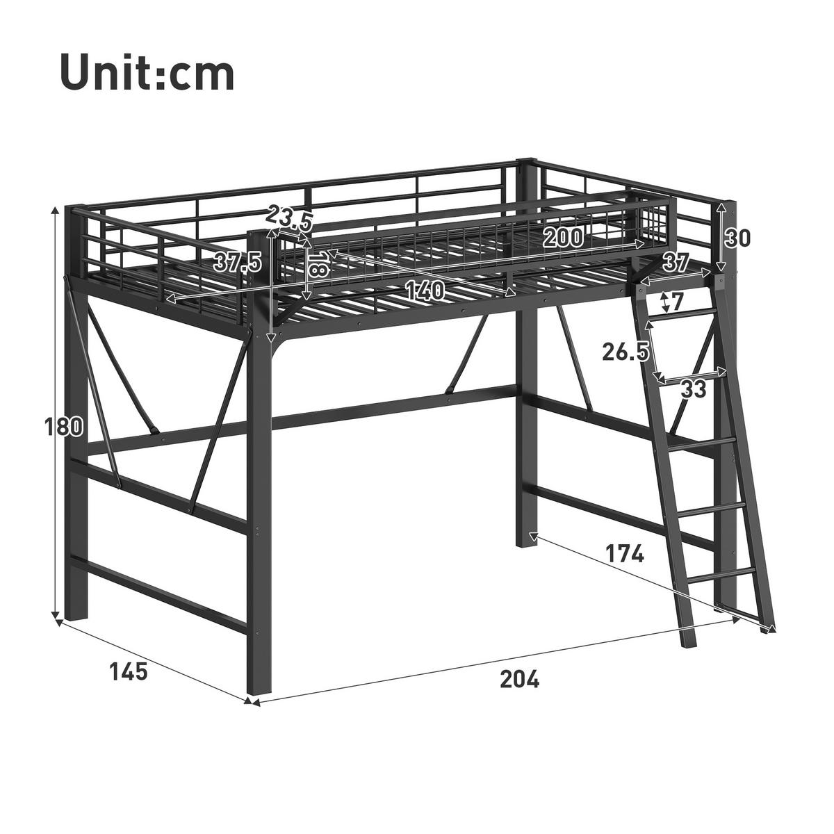 HOCHBETT 140/200 cm in Schwarz mit LED, Aufbewahrungskorb und Treppe aus Metall - Schwarz, Metall - STILVORA