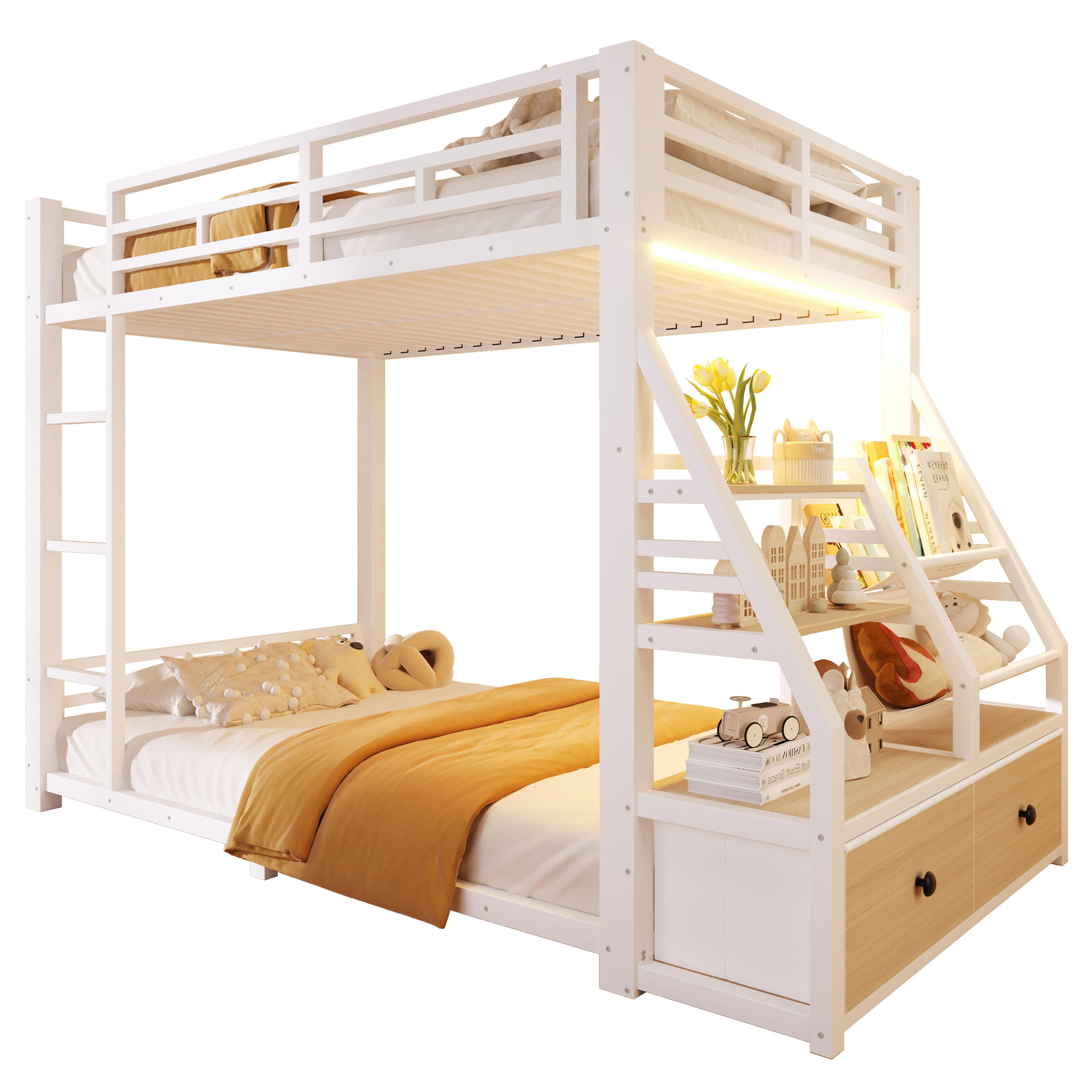 ETAGENBETT 90x200cm mit LED-Beleuchtung, mit 2 Stoffschubladen, Weiß - Weiß, Metall (90/200cm) - KOMHTOM