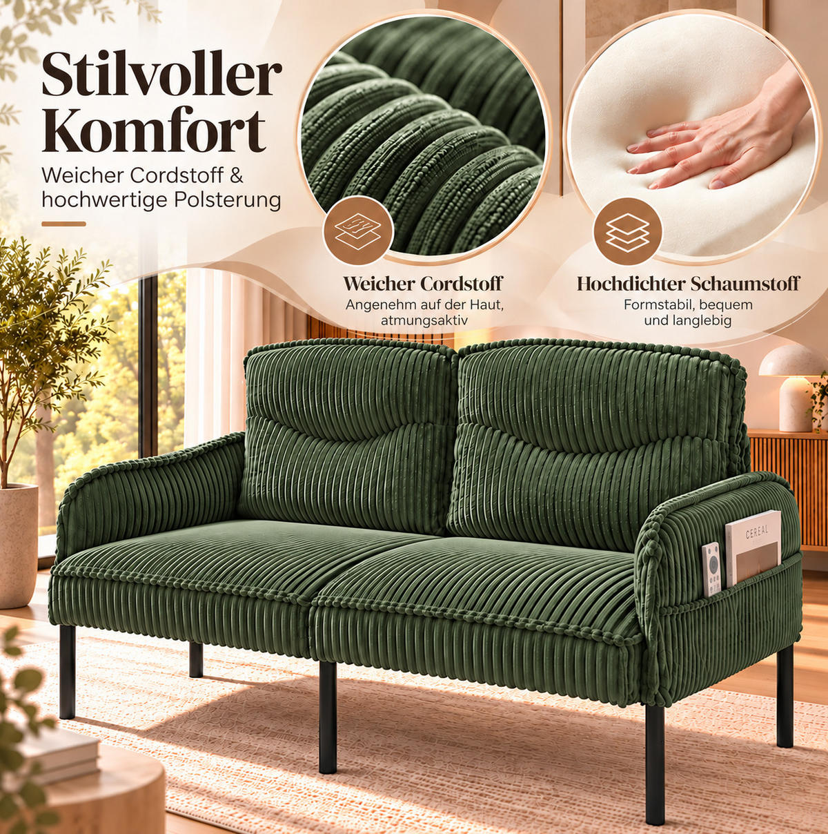 2-SITZER Sofa 122/73/83 cm Cordstoff mit Seitentaschen und Metallbeinen Grün - Grün, Textil (73/83/122cm) - Redom