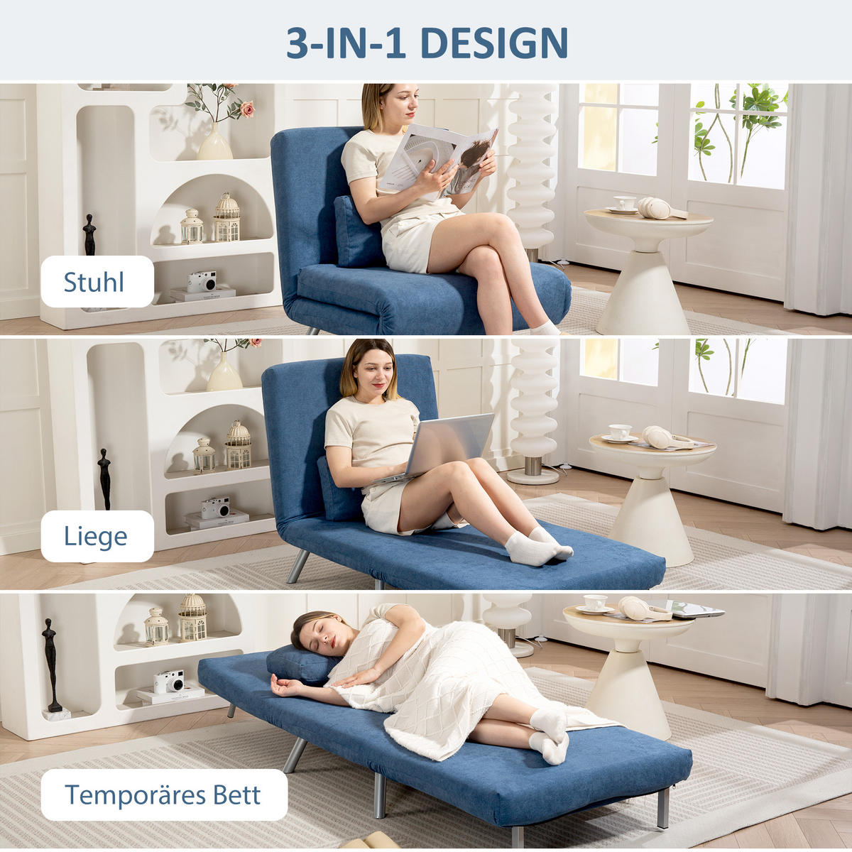 SCHLAFSESSEL 3-in-1 klappbar Schlafsofa mit Bettfunktion Relaxsessel Blau - Blau, Kunststoff (75/83/80cm) - HOMCOM