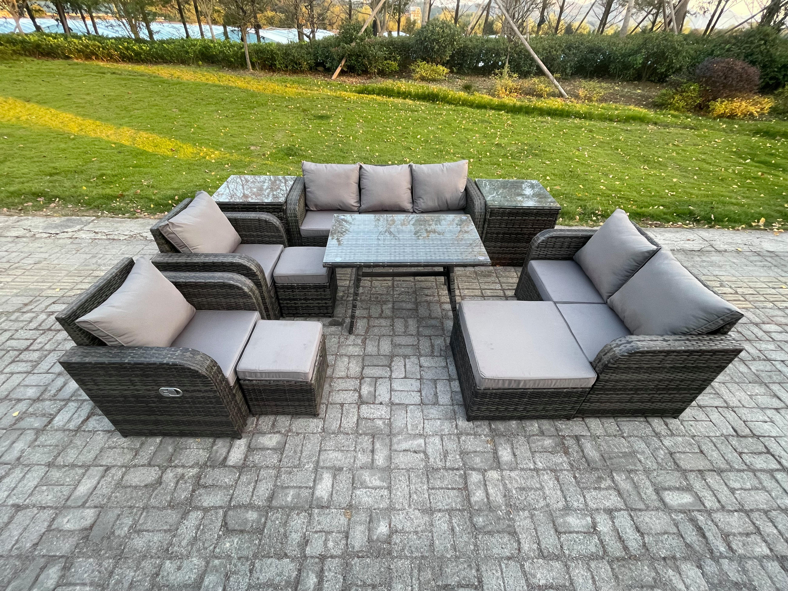 GARTENMÖBEL SET Polyrattan Dunkelgrau 10-Sitzer - Dunkelgrau/Grau, Glas/Kunststoff - Fimous