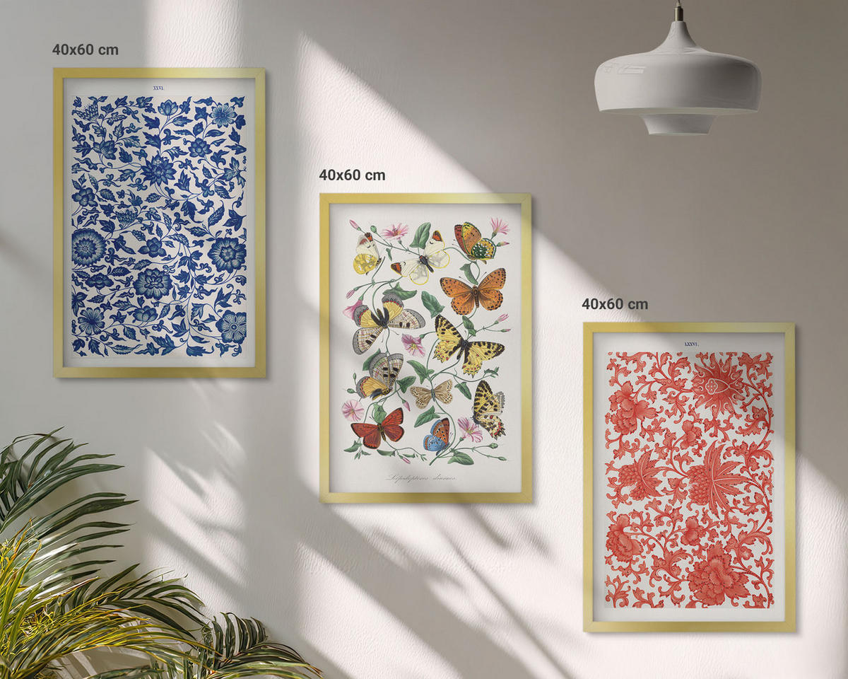 WANDBILDER 3er Set - 40x60 cm Goldrahmen - Vintage-Blumen-Schmetterlings-Ornamente - Goldfarben, Kunststoff (40/60cm) - ArtPrintCave