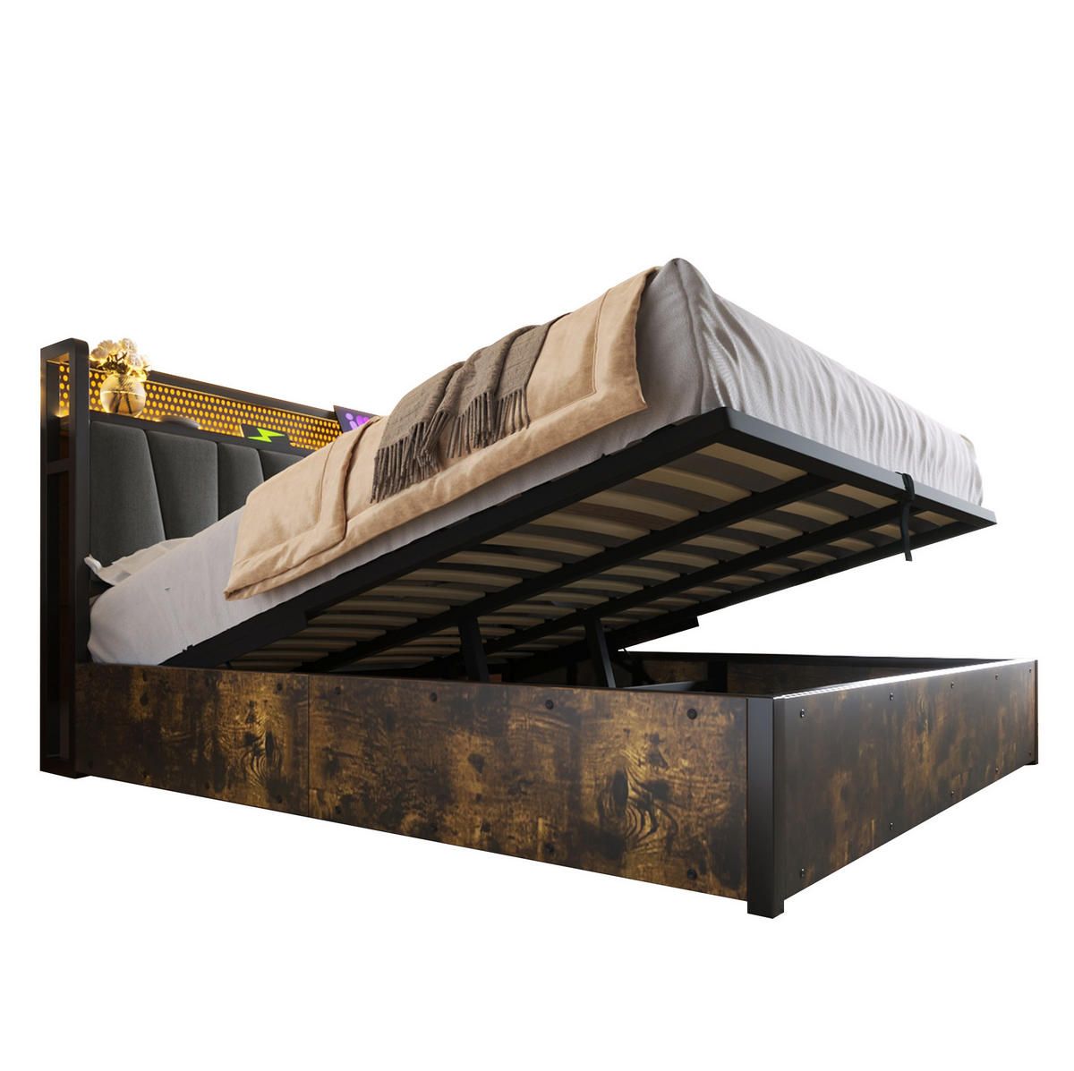 POLSTERBETT 140/200 cm mit Bettkasten, RGBW LED-Kopfteil & USB/Steckdosen, grau - Grau, Textil (140/200cm) - Redom
