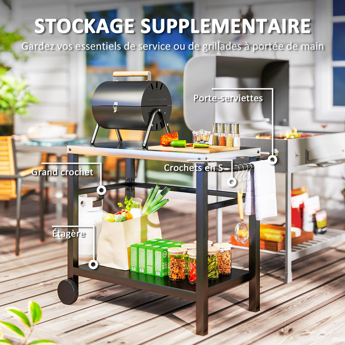 GRILLWAGEN DE-13800 Edelstahl-Arbeitsplatte & Haken Grau - Dunkelgrau, Metall (50/81/102cm) - ComfortXL