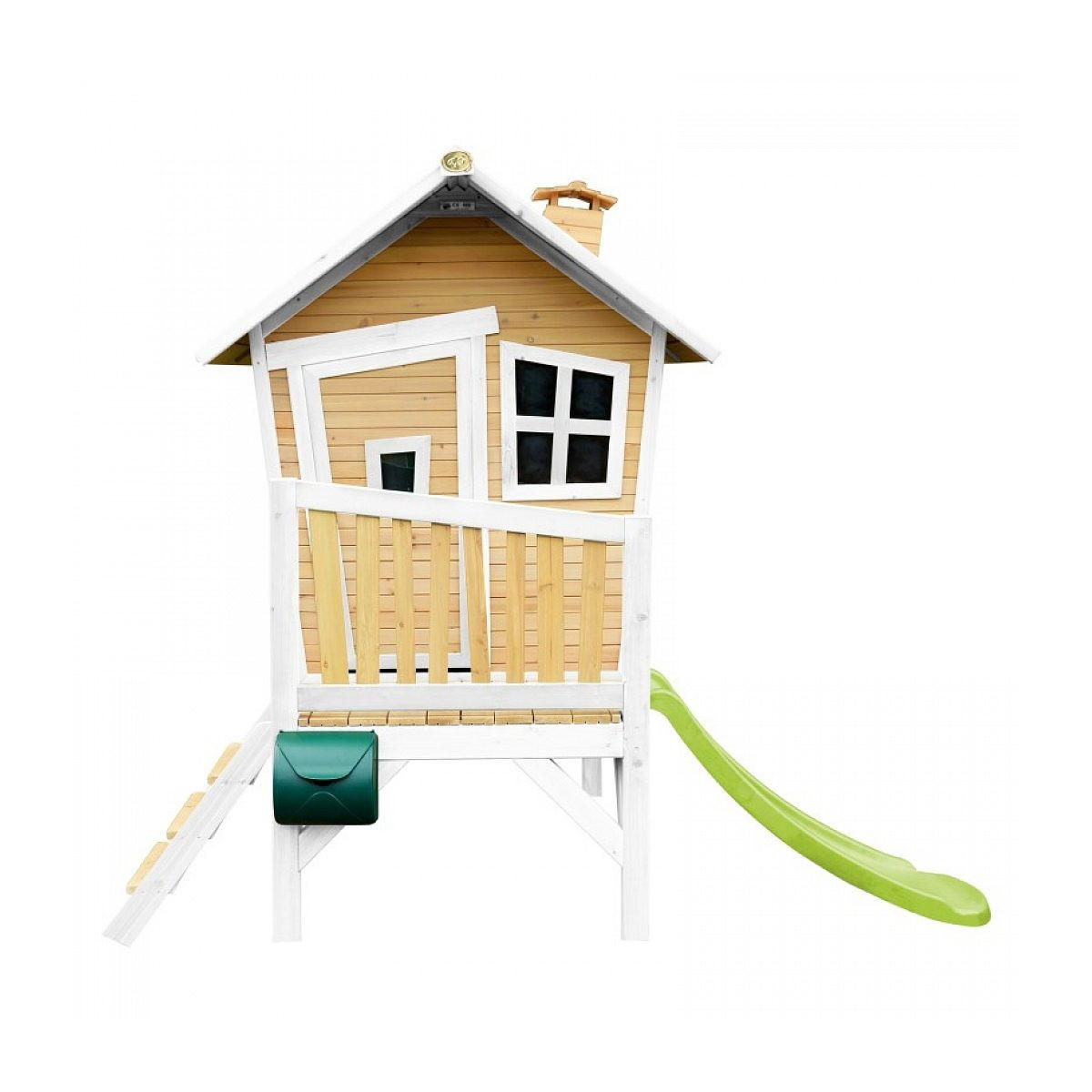 KINDERSPIELHAUS Robin Brown White mit lindgrüner Rutsche - Weiß, Holz (264/203/177cm) - Axi House