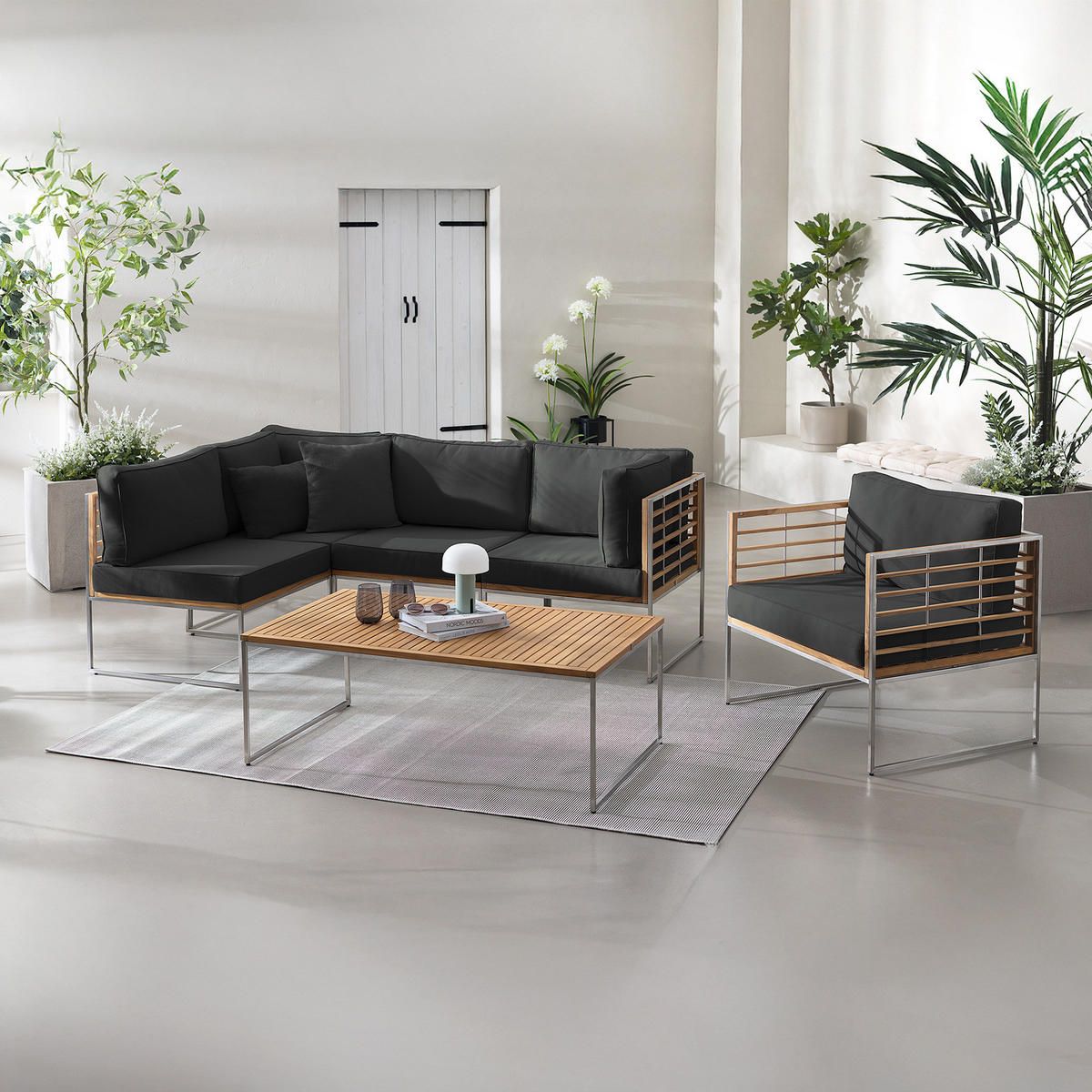 LOUNGESET - 6-teilig - Webstoff / Teak massiv - Anthrazit, Holz/Textil - home24