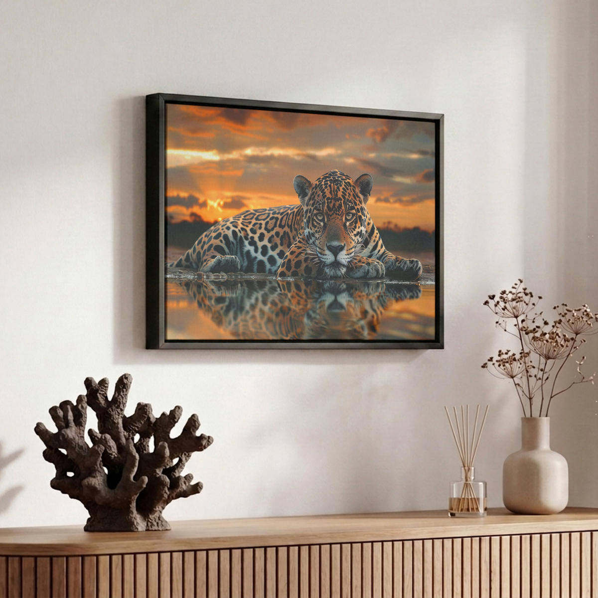LEINWAND Bilder mit Rahmen - Natur - Leopard - Tier - Sonnenuntergang - Modern - 30x20 - Orange, Textil (30/20cm) - MuchoWow
