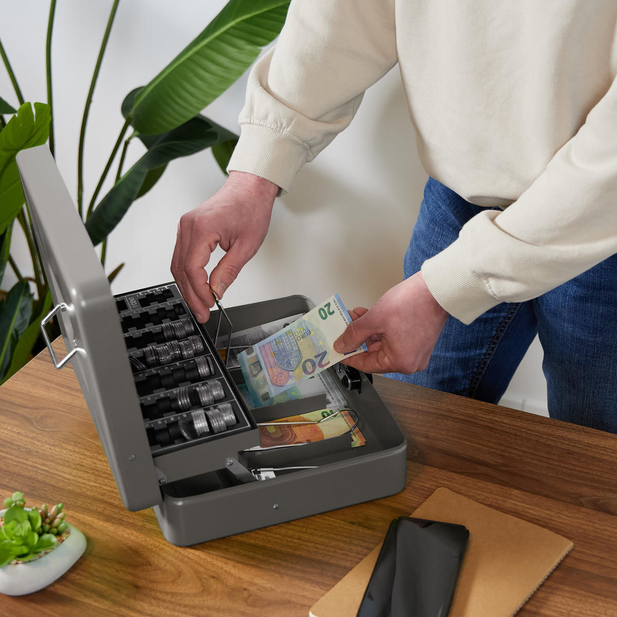POKLADNIČKA na euro mince - sivá, kov/plast (30.5/8.5/25cm) - Relaxdays