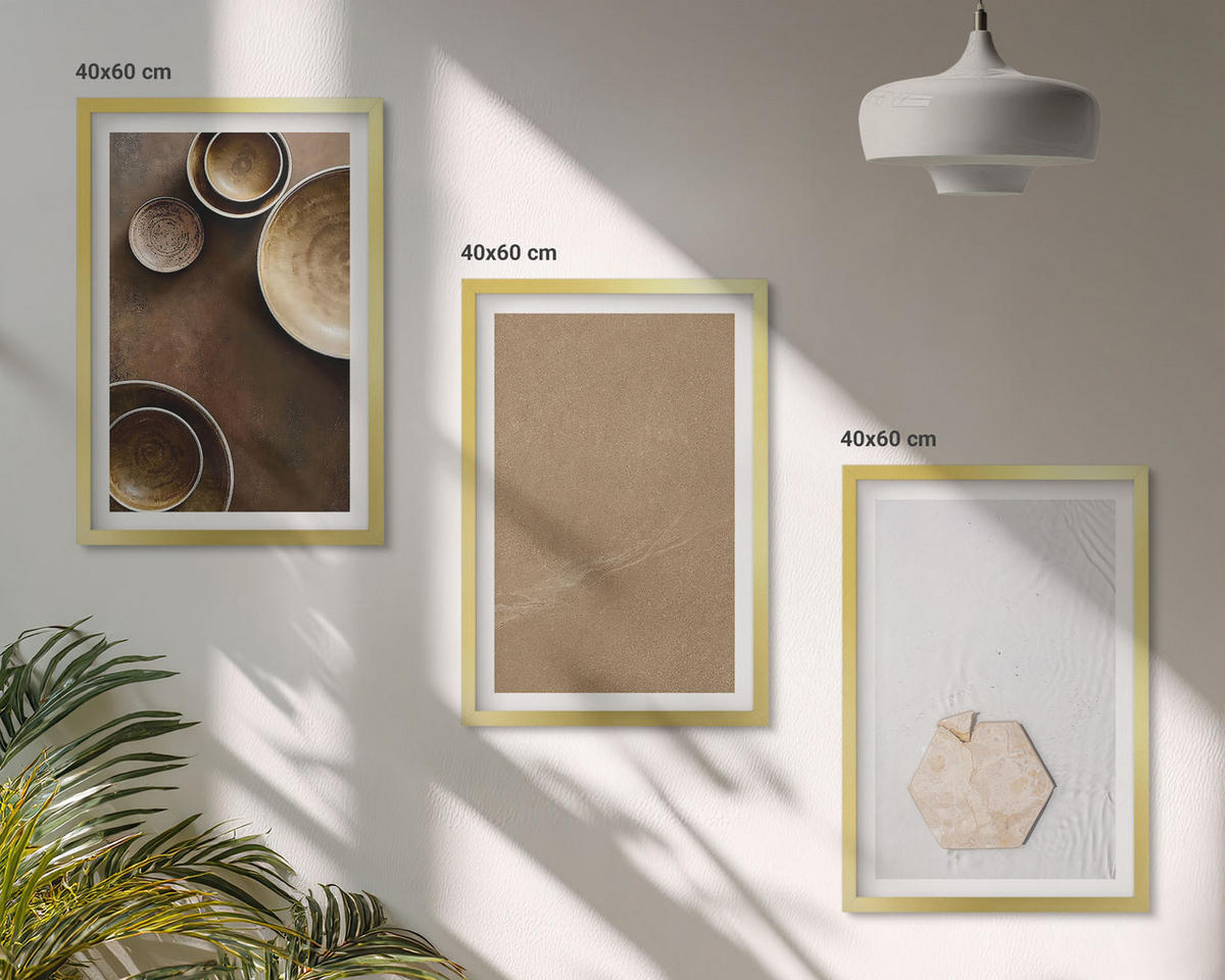 WANDBILDER 3er Set - 40x60 cm Goldrahmen - Minimalistische Texturen und Farben - Goldfarben, Kunststoff (40/60cm) - ArtPrintCave