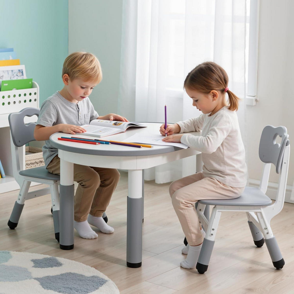 KINDERTISCH- und Stuhlset 3-teilig höhenverstellbar Grau - Multicolor, Kunststoff (60/60/80cm)