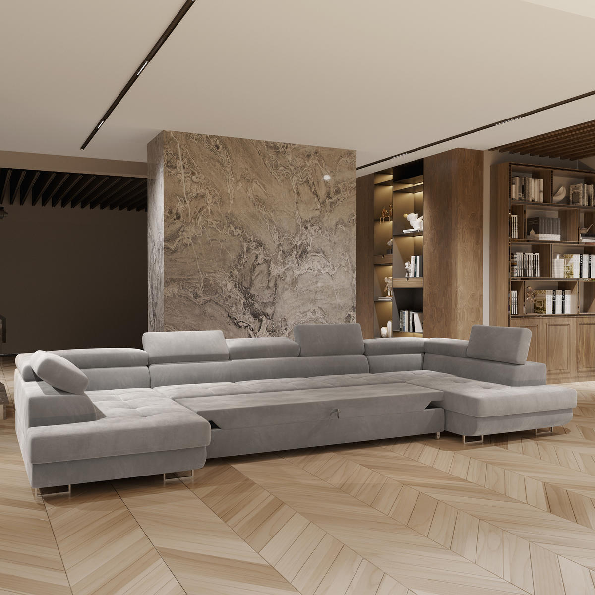 WOHNLANDSCHAFT ISOLANO Hellgrau Velours-Stoff mit Schlaffunktion - Hellgrau, Holz (408/90/202cm) - MASSENO