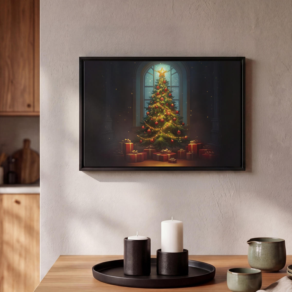 LEINWAND Bilder mit Rahmen - Weihnachtsbaum - Geschenk - Winter - 30x20 - Grün, Textil (30/20cm) - MuchoWow