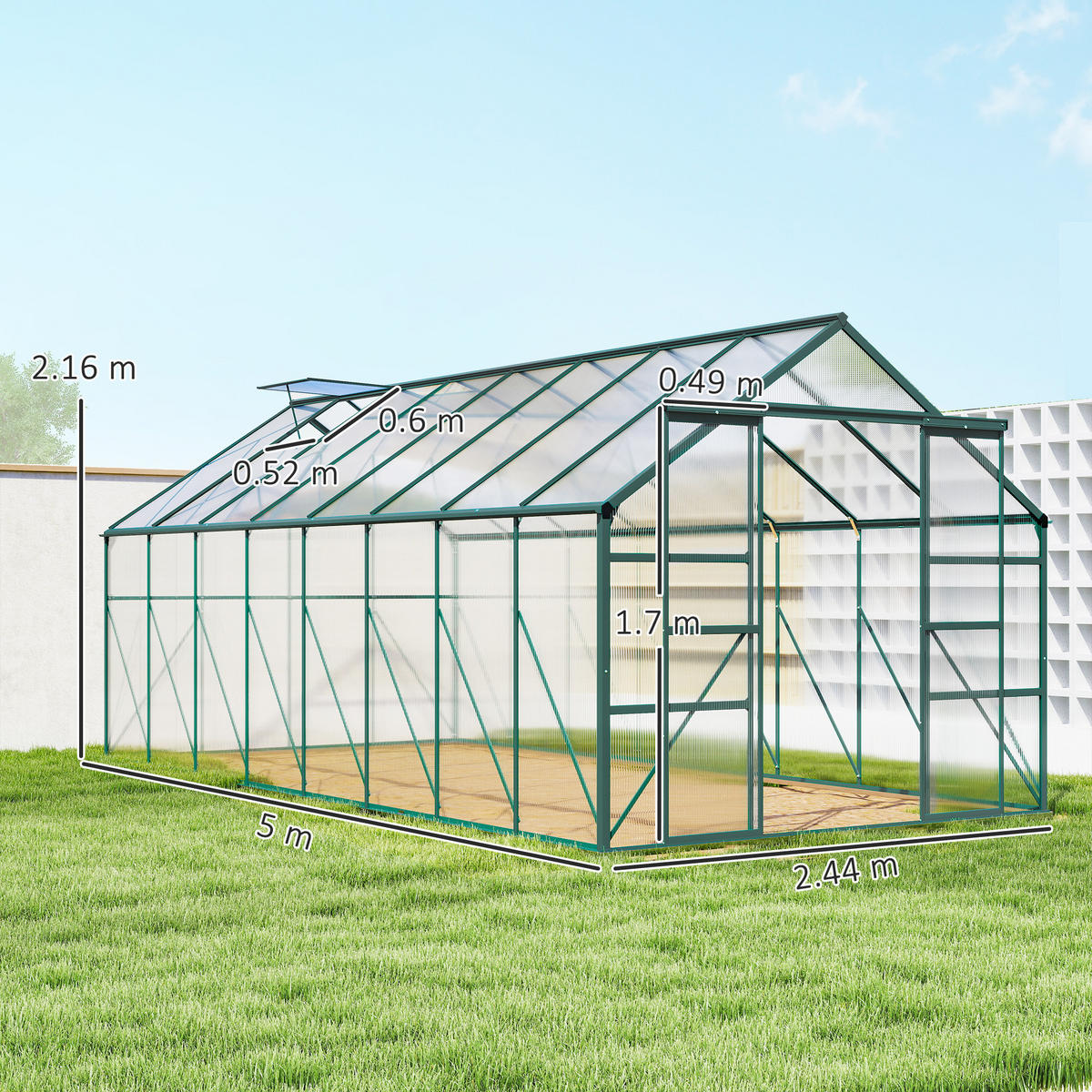 GEWÄCHSHAUS, Polycarbonat, Metall/Aluminium, UV-beständig, 244x500x216cm, Grün - Multicolor, Kunststoff (244/216/500cm) - FORIOUS