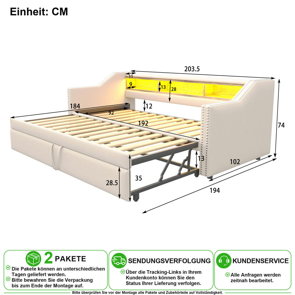 SCHLAFSOFA 90/190 cm & 180/190 cm in Beige Leinen mit USB, LED und 3 Ablagen - Beige, Holzwerkstoff/Textil (90/190cm) - CHICFURN