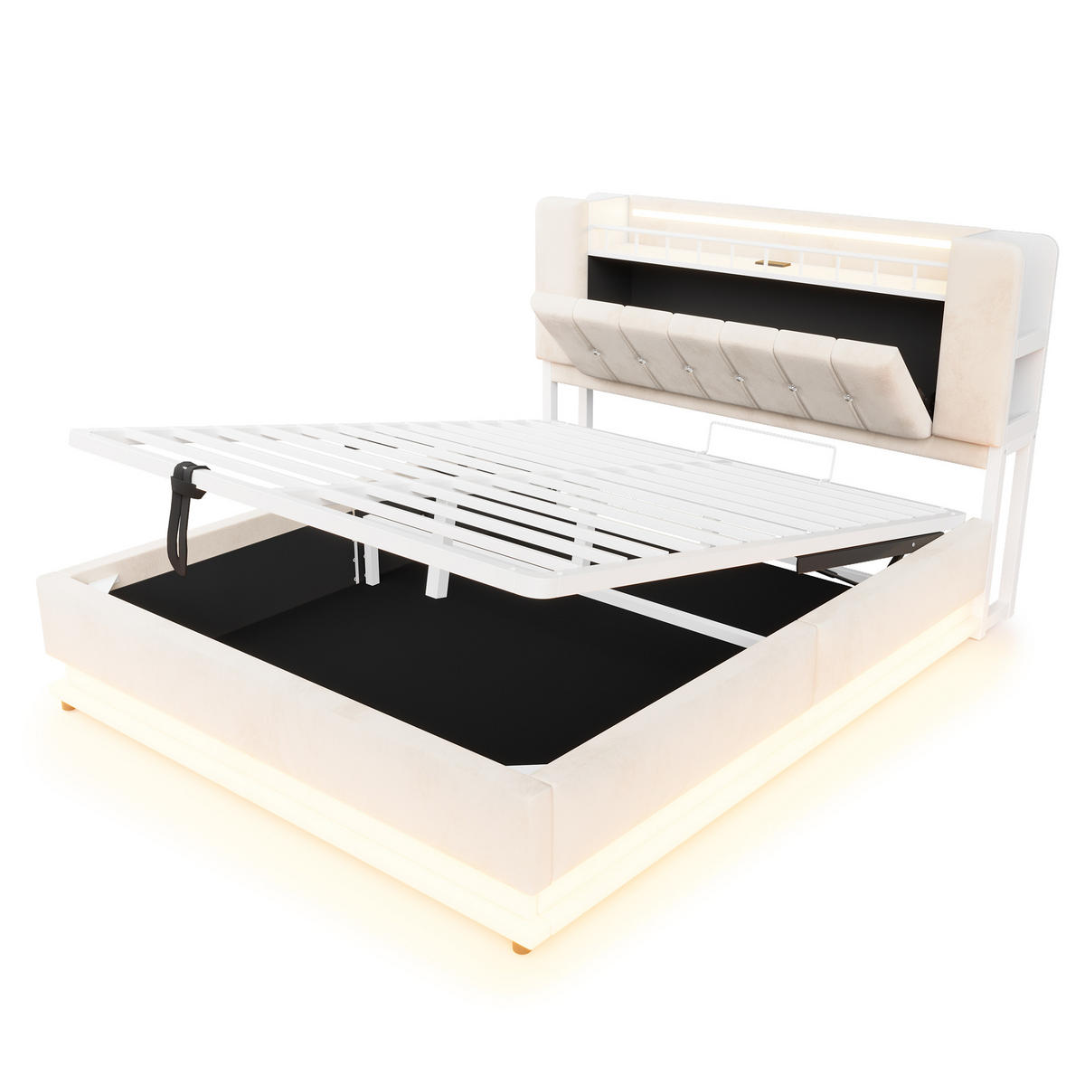 STAURAUMBETT 160/200 cm mit LED und Stauraum, DE-02116, in Beige - Beige, Metall (160/200cm) - ComfortXL