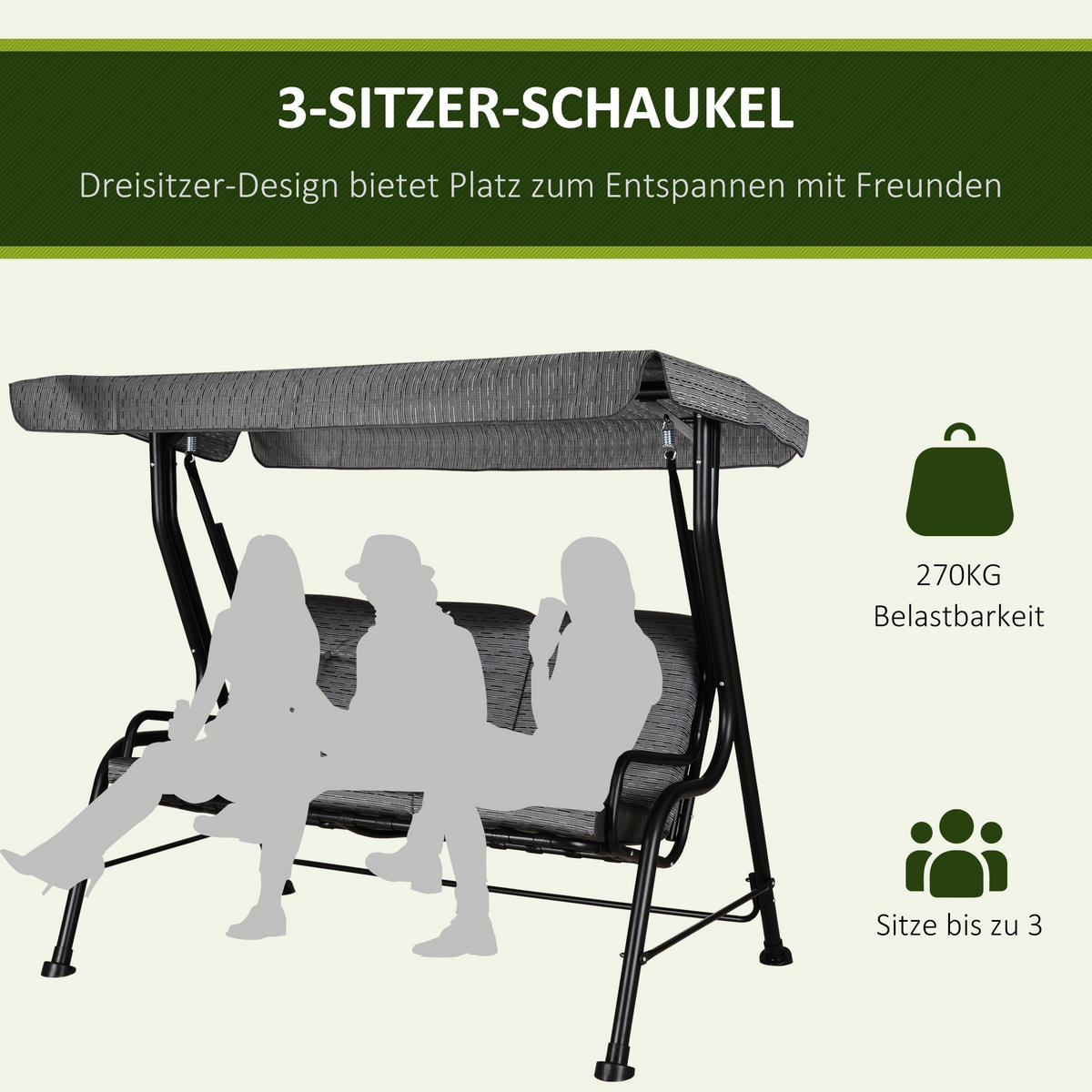 HOLLYWOODSCHAUKEL, Verstellbares Sonnendach, Texteline, Grau, 200 x 120 x 170 cm - Schwarz, Metall (120/170/200cm) - Outsunny
