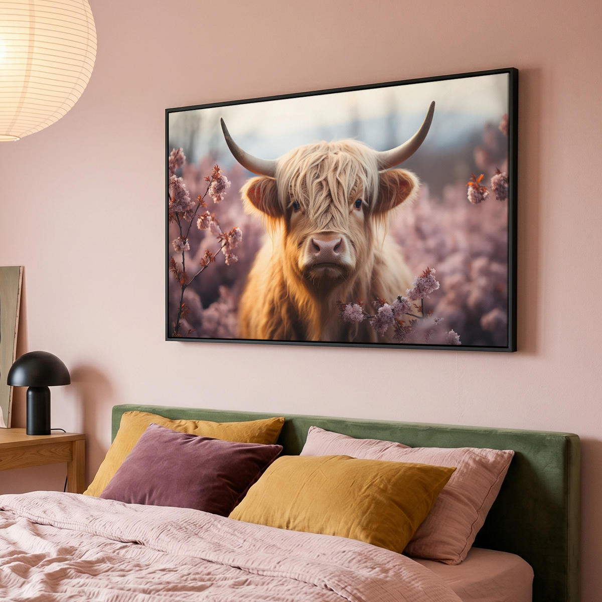 LEINWAND Bilder mit Rahmen - Schottischer Hochländer - Frühling - Hochland - 140x90 - Hellrosa, Textil (140/90cm) - MuchoWow