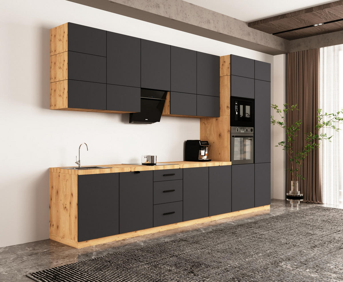 KÜCHENZEILE 400 cm - Langen KL21-M400 - in Grau / Matt - Grau, Holz (400/212/58cm)
