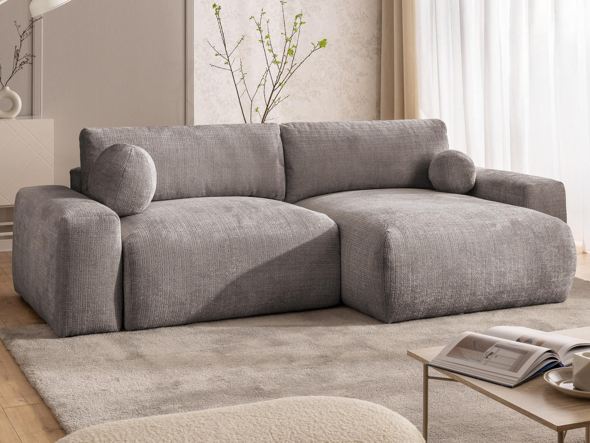 ECKSOFA Puffy mit Schlaffunktion und Bettkasten - besonders weich und puffig aus Taupe Chenille-Stoff - Ottomane rechts - Taupe/Schwarz, Holz/Kunststoff (266/138cm) - S-Style Möbel