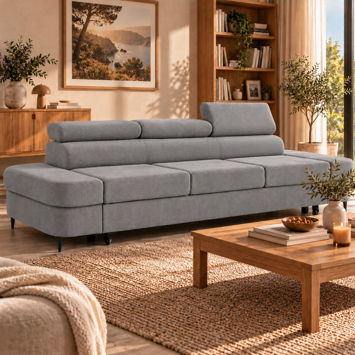 3-SITZER Sofa PRIAM mit Schlaffunktion 125x277 Velours Grau - Schwarz/Grau, Holz/Textil (278/95/102cm) - Muffo